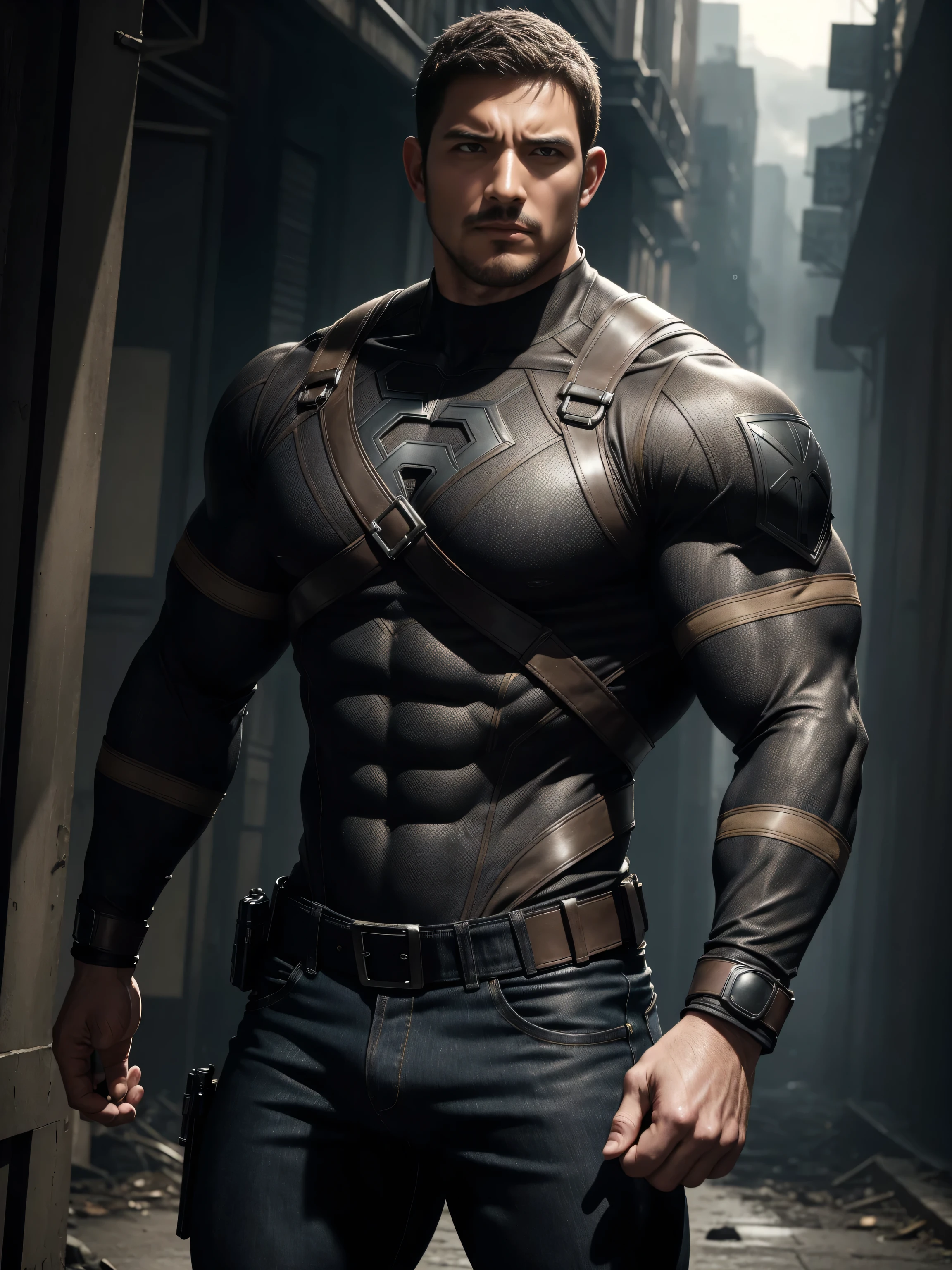 Angry furious muscular man,  Buzz Cut，On the old-style outdoor streets, Wear a long-sleeved brown superhero Black Panther bodysuit, Brown denim fabric texture，The expression is arrogant, Lift your chin, Messy hair, Thick thighs, High Neck Long Sleeve Gray Brown Superhero Bodysuit, very tight, Regular symmetrical pattern, Highlight muscles, Police uniform pants, character concept（Resident Evil - Chris Redfield, Chris Redfield）A proud expression, Deep and charming eyes, Heroic male pose, tall Burly, muscular！muscular thighs, tough guy, perfect facial features, High, Burly, Heqiang, Super polished and cool, High Resolution Committee, Charismatic, The sun is blazing, dazzling