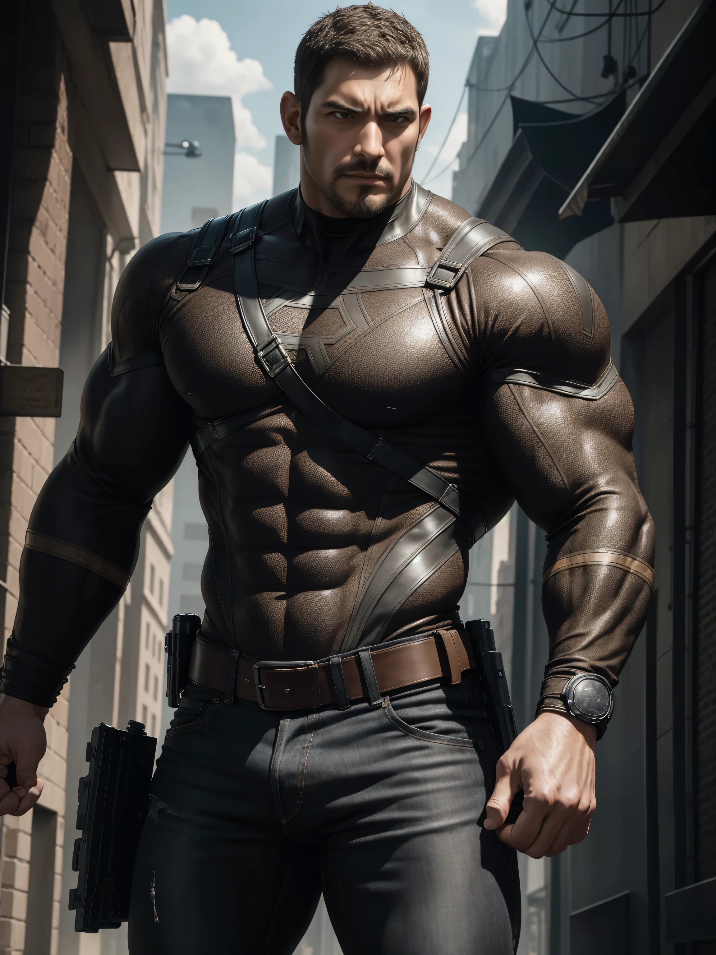 Angry furious muscular man,  Buzz Cut，On the old-style outdoor streets, Wear a long-sleeved brown superhero Black Panther bodysuit, Brown denim fabric texture，The expression is arrogant, Lift your chin, Messy hair, Thick thighs, High Neck Long Sleeve Gray Brown Superhero Bodysuit, very tight, Regular symmetrical pattern, Highlight muscles, Police uniform pants, character concept（Resident Evil - Chris Redfield, Chris Redfield）A proud expression, Deep and charming eyes, Heroic male pose, tall Burly, muscular！muscular thighs, tough guy, perfect facial features, High, Burly, Heqiang, Super polished and cool, High Resolution Committee, Charismatic, The sun is blazing, dazzling