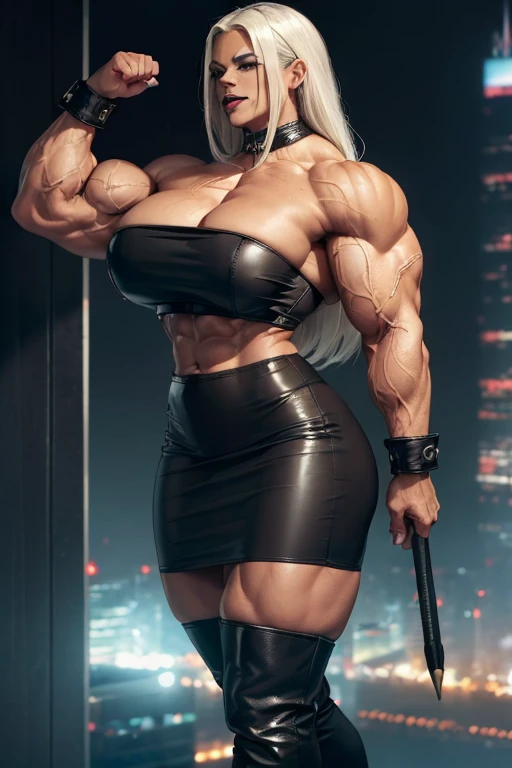 ((((Massive, beautiful, buff, light brown skinned, muscular woman with white hair, black lipstick, ginormous bulky muscles and wearing a cropped strapless black leather top and black leather pencil skirt)))), (close view), leather pants, massive muscles, massive biceps, hyper muscle triceps, (long straight hair), leather pencil skirt, blue eyes, wristband, chained belts, high heels boots, top of a dark skyscraper, night, smug smile, hyper muscles arms, hyper muscle legs, massive arms.