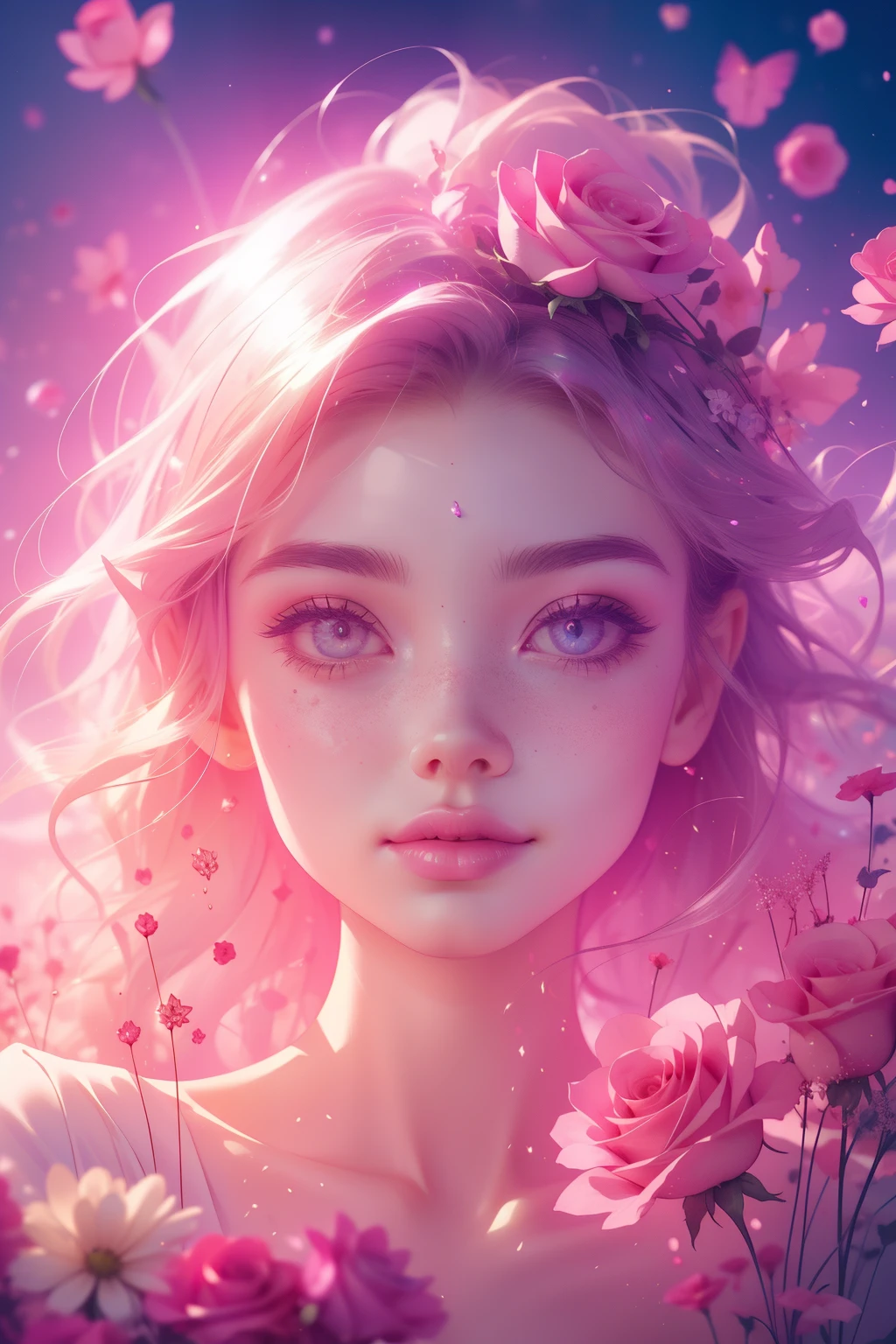 (This is a beautiful, intricate, (romatic) fantasy image that emphasizes beauty and grace.) Generate a blind curvy woman with soft natural freckles. Her face is important and should be (perfectly formed) with (beautiful puffy lips) and (perfect features). There is a cute freckle birthmark on her lip. The image exudes ethereal beauty and soft fantasy, with shimmering shades of pink throughout. Surround her with eternal roses in shimmering shades. Ensure perfection in her face, hair, and eyes. Include sweet and detailed birds and soft, luminous flowers and detailed roses. Utilize dynamic composition and dramatic lighting and cinematic lighting to create an interesting fantasy image. The background of the image is interesting and ultra-detailed, with soft fantasy lighting and gradients. Include fantasy details, cute aura, colorful, colourful, and interesting magical background. The image's background is decorated in shades of pink, shimmer, glitter, and fantasy details like colored bubbles and cosmos. Include subtle freckles, natural freckles and a diffused realistic skin tone. Incorporate elements of high fantasy, whimsy, and detailed elegance. English rose, princess, courtesan, noblewoman, sweet, lovely, calm, lovely, shimmering, glimmering, glittering, astrological fantasy, (((masterpiece))), (highest quality), magic rose, fantasy garden, beautiful face, perfect face, puffy lips, interesting, shy smile, fantasy elements, magic rose, beautiful eyes, perfect puffy lips, jewel tones, luminosity. Taken with a canon camera.