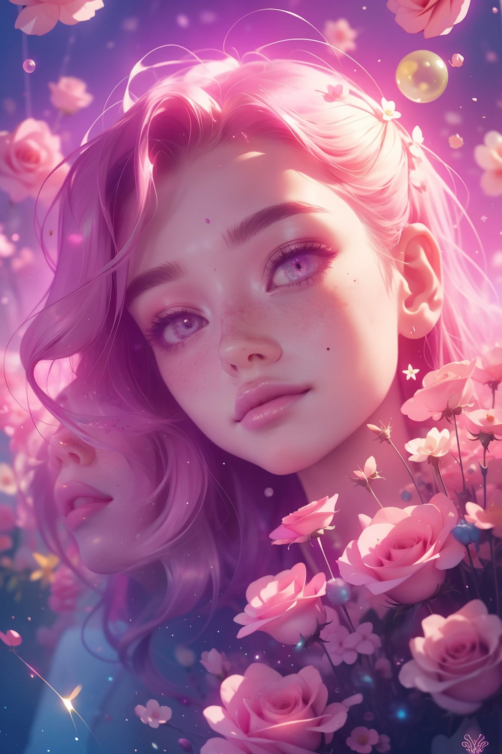 (This is a beautiful, intricate, (romatic) fantasy image that emphasizes beauty and grace.) Generate a blind curvy woman with soft natural freckles. Her face is important and should be (perfectly formed) with (beautiful puffy lips) and (perfect features). There is a cute freckle birthmark on her lip. The image exudes ethereal beauty and soft fantasy, with shimmering shades of pink throughout. Surround her with eternal roses in shimmering shades. Ensure perfection in her face, hair, and eyes. Include sweet and detailed birds and soft, luminous flowers and detailed roses. Utilize dynamic composition and dramatic lighting and cinematic lighting to create an interesting fantasy image. The background of the image is interesting and ultra-detailed, with soft fantasy lighting and gradients. Include fantasy details, cute aura, colorful, colourful, and interesting magical background. The image's background is decorated in shades of pink, shimmer, glitter, and fantasy details like colored bubbles and cosmos. Include subtle freckles, natural freckles and a diffused realistic skin tone. Incorporate elements of high fantasy, whimsy, and detailed elegance. English rose, princess, courtesan, noblewoman, sweet, lovely, calm, lovely, shimmering, glimmering, glittering, astrological fantasy, (((masterpiece))), (highest quality), magic rose, fantasy garden, beautiful face, perfect face, puffy lips, interesting, shy smile, fantasy elements, magic rose, beautiful eyes, perfect puffy lips, jewel tones, luminosity. Taken with a canon camera.