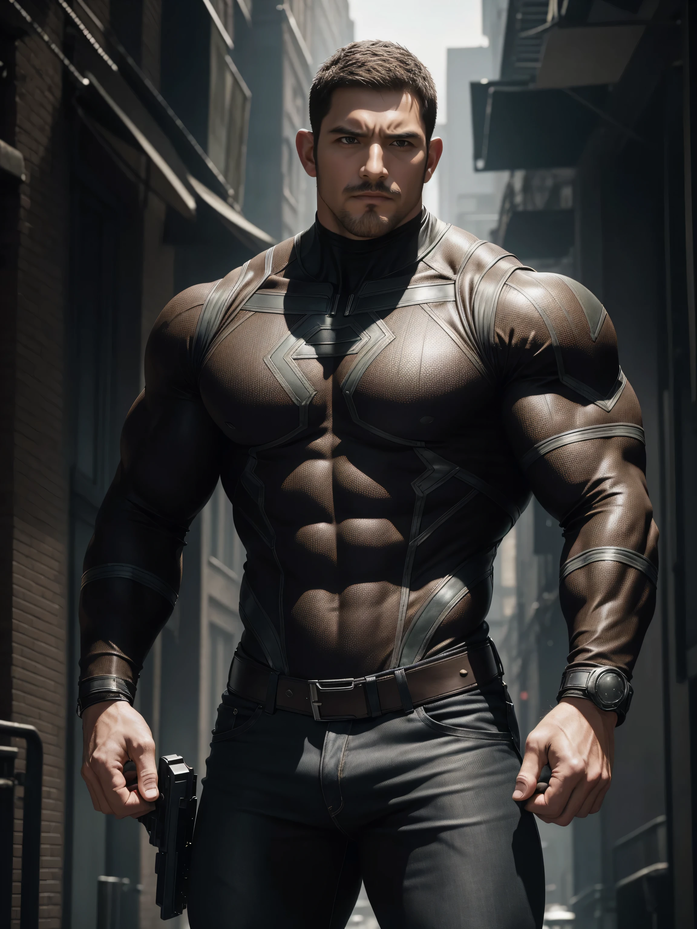 Angry furious muscular man, Buzz Cut,On the old-style outdoor streets, Wear a long-sleeved brown superhero Black Panther bodysuit, Brown denim fabric texture,The expression is arrogant, Lift your chin, Messy hair, Thick thighs, High Neck Long Sleeve Gray Brown Superhero Bodysuit, very tight, Regular symmetrical pattern, Highlight muscles, Police uniform pants, character concept(Resident Evil - Chris Redfield, Chris Redfield)A proud expression, Deep and charming eyes, Heroic male pose, tall Burly, muscular!muscular thighs, tough guy, perfect facial features, High, Burly, Heqiang, Super polished and cool, High Resolution Committee, Charismatic, The sun is blazing, dazzling