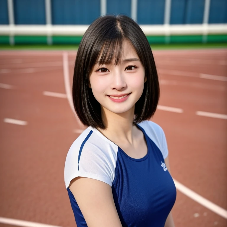 (kawaii 24 year-old Japanese girl, Nogizaka idol, Korean idol, track and field player), healthy female athlete body, glossy black hair, (very short hair, bangs:1.2), beautiful black eyes, rounded face, single eyelid, (no makeup:1.2), (big laughing), (training t-shirt:1.3), extra small breasts, BREAK, (track and field stadium background:1.2), (dynamic angle and posing, bust shot:1.2), BREAK, (masterpiece, best quality, photo realistic, official art:1.4), (UHD, 8K quality wallpaper, high resolution, raw photo, golden ratio:1.3), (shiny skin), professional lighting, physically based rendering, award winning, (highly detailed skin texture, extremely detailed face and eyes textures), Carl Zeiss 85 mm F/1.4, depth of field, (1girl, solo),
