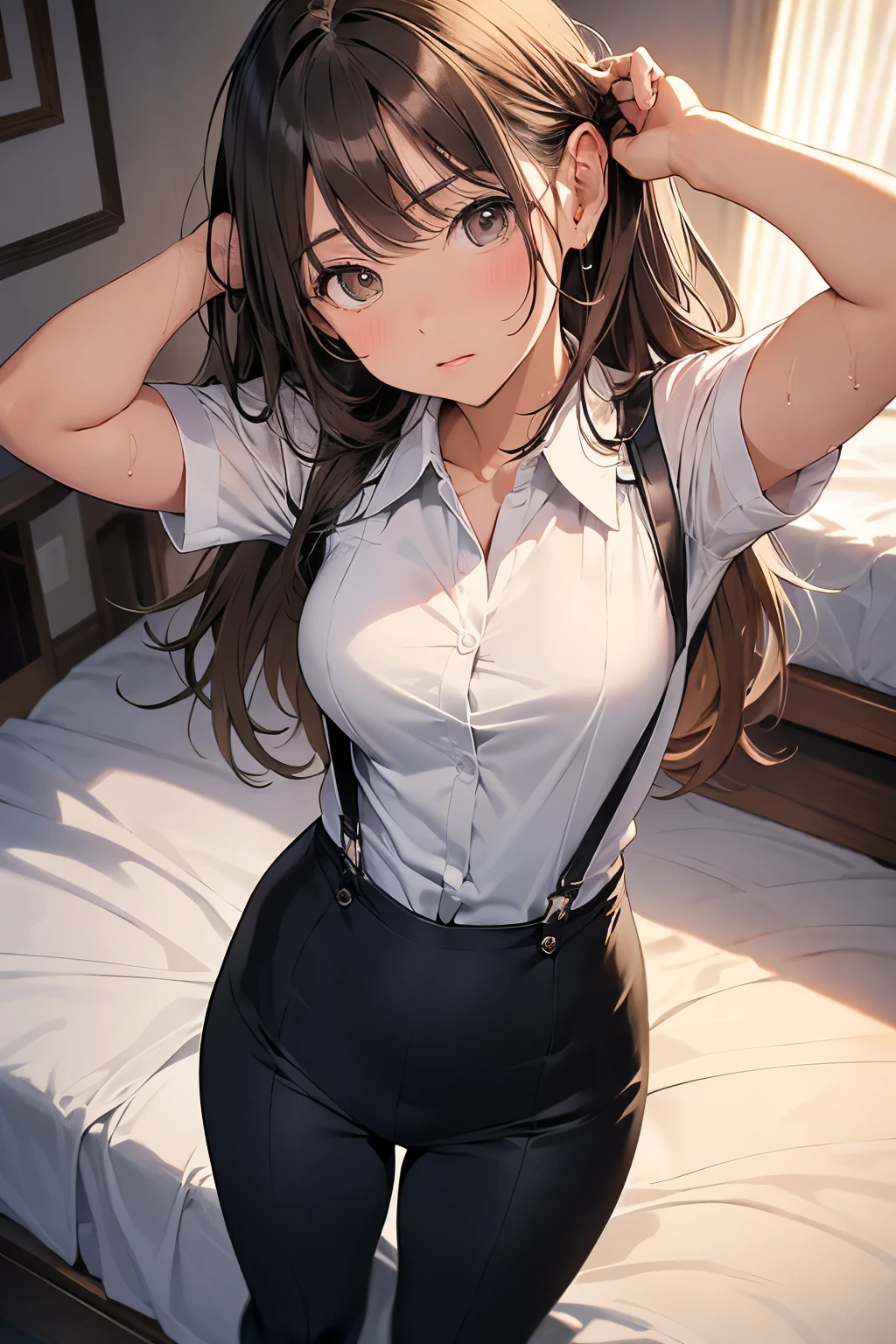 Brown Hair、Staring at the audience Black suspenders bulging big breasts wall: Black pantsuit sight Small face holster Beautiful woman Show your hand sight Taunt side sideSweat arm Dress shirt Black Suit ベルト wall際 Put your hands up Both hands above head 脇Sweat On the bed Sweat summer mask