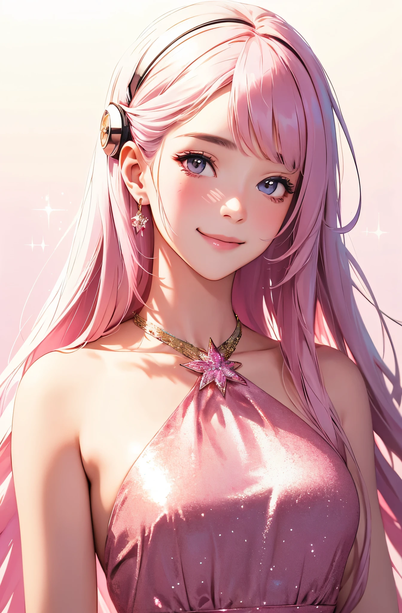 Best AI absurd, High resolution, Super detailed, (One beautiful girl:1.3), Troubled Smile, Pink morning mist, Ivory dress, Glitter, Minimalist Background, Warm texture