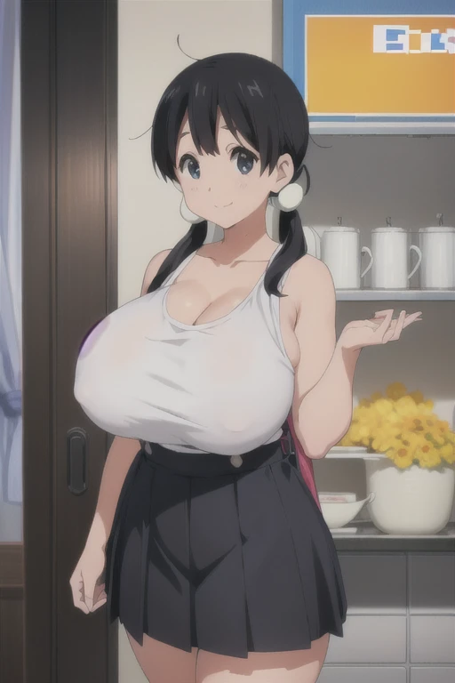 (((Pixel Perfect, Perfect in every detail))), alone, One Girl, tamako kitashirakawa, , Show Viewer, smile, （Round neck tank top）、(Huge breasts:1.5)、Black knee-length pleated skirt with suspenders、White shirt