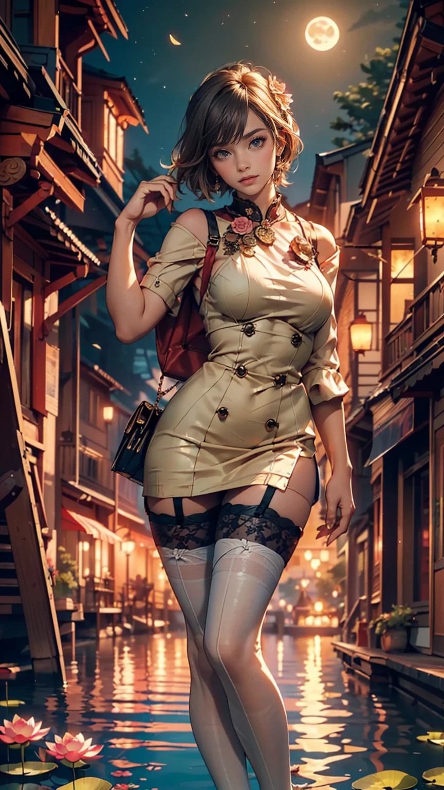 (high quality, 8k, original character), (fact: 1.5), (masterpiece, 最high quality, High resolution: 1.2), girl, summer night, (Stockings Smooth texture: 1.5), Sexy Skirt, Delicate eyes, Delicate image, boat, river, To the camera, Behind her is a large lotus flower., moonlight, Wind, fire Fly