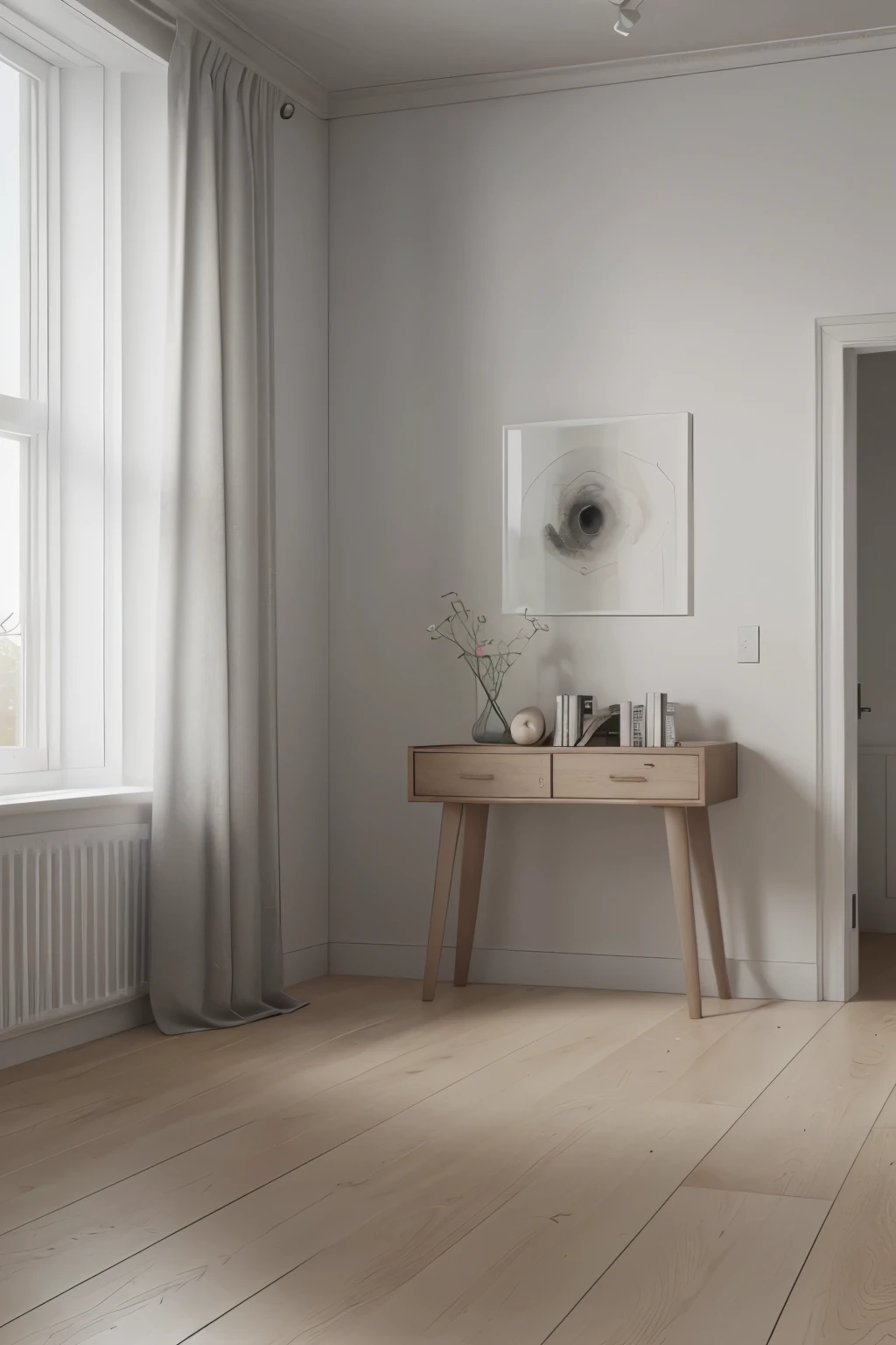 ((best quality)), ((masterpiece)), (detailed), living room，There is only one huge floor-to-ceiling window，White curtains，Wooden floor，White Walls,European and American minimalist style room with natural light, Pastel colors，Bright rendering, Rendering with Unreal Engine 5,   The Minimalists, detailedarchitectural visualization rendering, ,  Unreal Engine 5 Quality Rendering，Realistic Rendering，Hyperrealism，Ultra wide angle establishing lens，Close-up，50 focal length，Level Lighting
