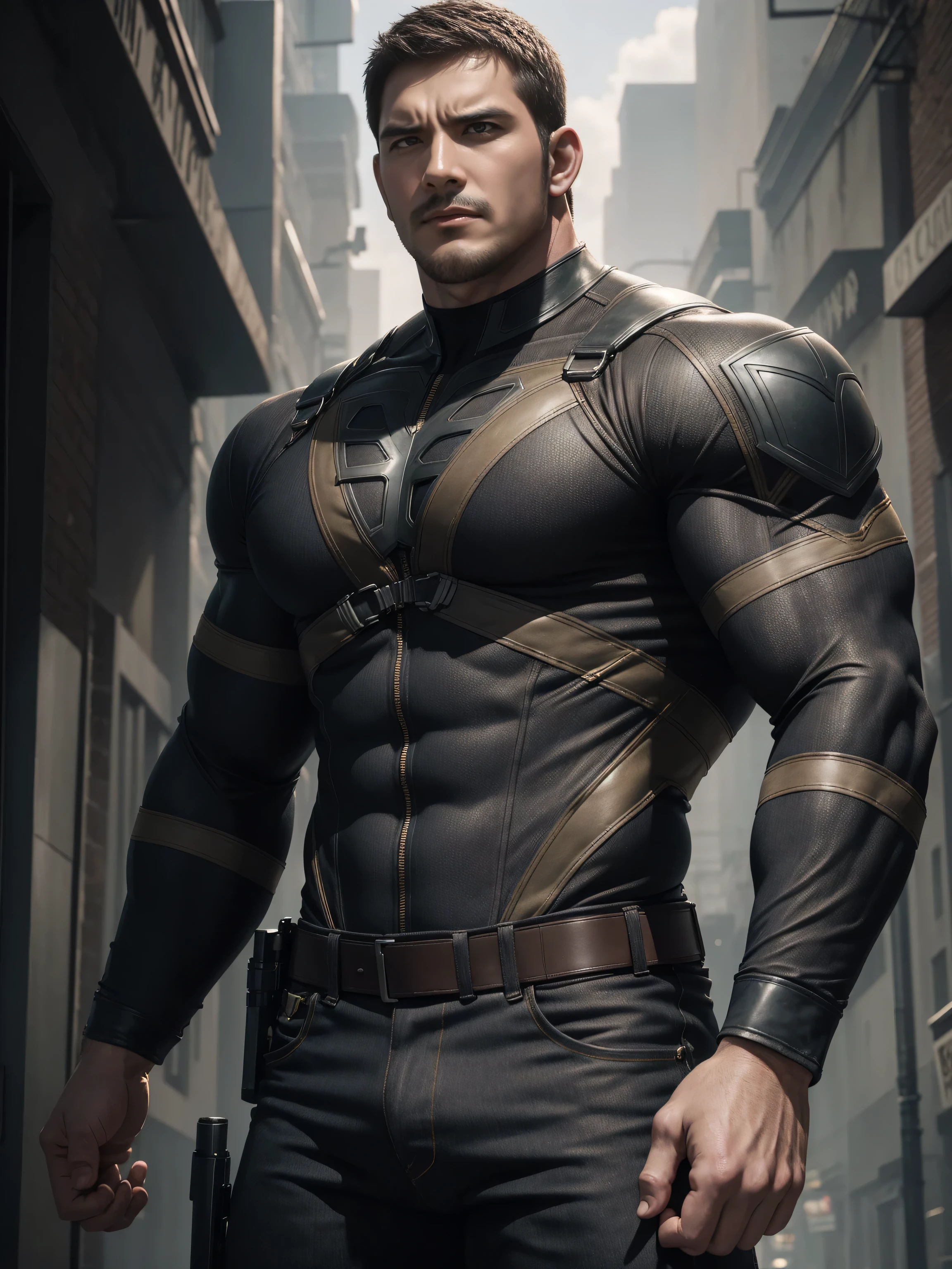 Angry furious muscular man, Buzz Cut,On the old-style outdoor streets, Wear a long-sleeved brown superhero Black Panther bodysuit, Brown denim fabric texture,The expression is arrogant, Lift your chin, Messy hair, Thick thighs, High Neck Long Sleeve Gray Brown Superhero Bodysuit, very tight, Regular symmetrical pattern, Highlight muscles, Police uniform pants, character concept(Resident Evil - Chris Redfield, Chris Redfield)A proud expression, Deep and charming eyes, Heroic male pose, tall Burly, muscular!muscular thighs, tough guy, perfect facial features, High, Burly, Heqiang, Super polished and cool, High Resolution Committee, Charismatic, The sun is blazing, dazzling