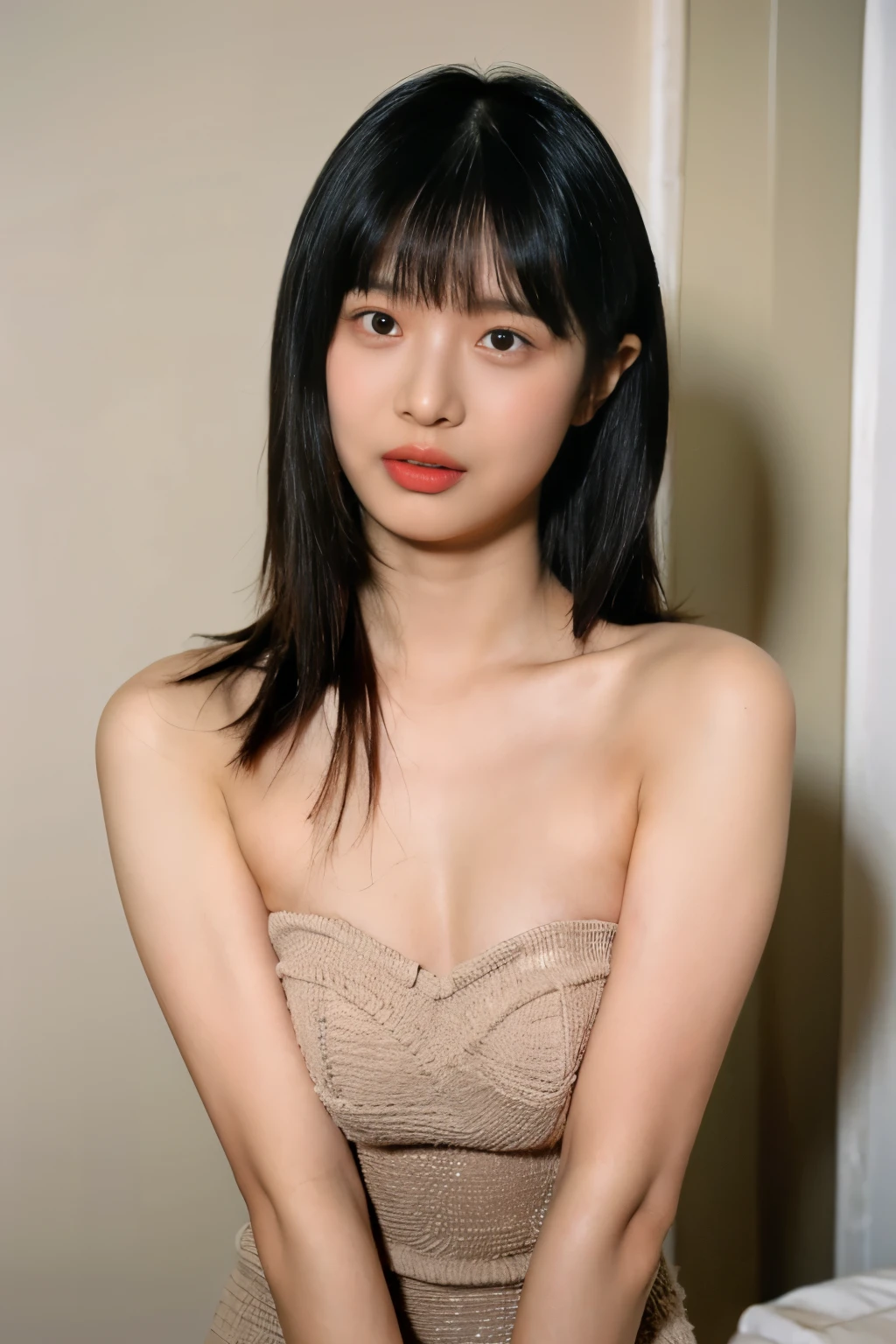 top quality，Ultra-clear resolution, nsfw, nude, topless, realistic nipple, showing off breasts, MEDIUM breast, realistic breasts,beauty, Hidden Face, (beauty indian girl), beauty:1.3, Lean abdominal muscles: 1.1, ((Brown hair long bangs)). Strapless Mini Dress_sit down. Straighten your arms. straighten both armpits. Elevated. Shows the texture of the armpit. In front of the camera. Armpit details. smooth armpit. Beauty OK. OK. Charming armpits. In front of the make-up mirror), Super thin face, Very detailed lips, Delicateeyes, Double eyelids, Makeup face. Red lipstick