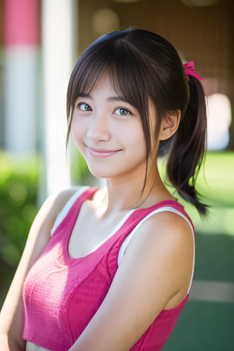Lens 135mm f1.8, (highest quality),(RAW photo), , (Beautiful 16 year old Japanese girl), cute face, (deeply carved face:0.7), (freckles:0.6), ,dramatic , (japanese school (croptop) shocking red pink tanktop), (inside the school), shy, low twintails, , (smile),, (sparkling eyes)、