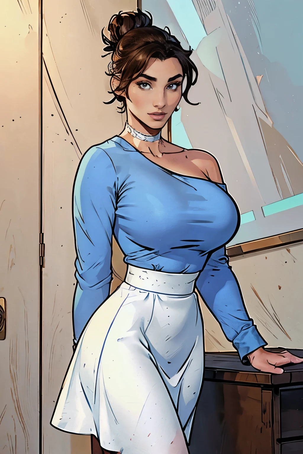 Gorgeous and sultry busty athletic (happy) brunette with sharp facial features, athletic bun, large breasts and a (large nose) wearing a loose light blue top, low-cut wide neck, loose sleeves, white skirt