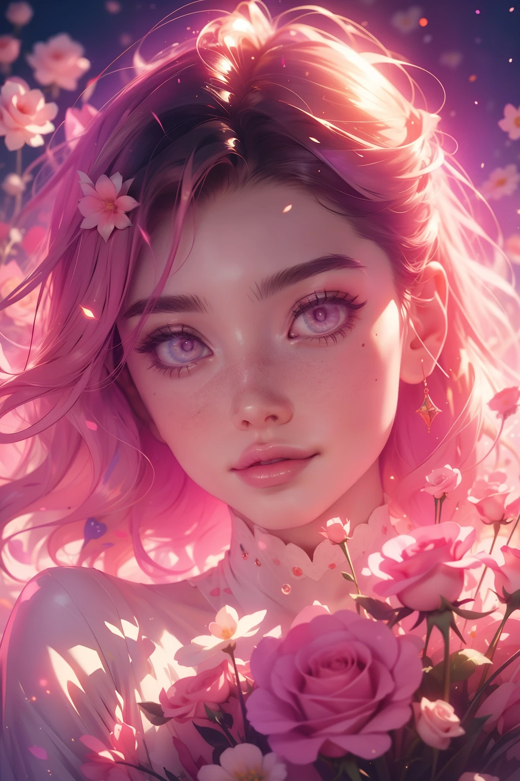 (This is a beautiful, intricate, (romatic) fantasy image that emphasizes beauty and grace.) Generate a blind curvy woman with soft natural freckles. Her face is important and should be (perfectly formed) with (beautiful puffy lips) and (perfect features). There is a cute freckle birthmark on her lip. The image exudes ethereal beauty and soft fantasy, with shimmering shades of pink throughout. Surround her with eternal roses in shimmering shades. Ensure perfection in her face, hair, and eyes. Include sweet and detailed birds and soft, luminous flowers and detailed roses. Utilize dynamic composition and dramatic lighting and cinematic lighting to create an interesting fantasy image. The background of the image is interesting and ultra-detailed, with soft fantasy lighting and gradients. Include fantasy details, cute aura, colorful, colourful, and interesting magical background. The image's background is decorated in shades of pink, shimmer, glitter, and fantasy details like colored bubbles and cosmos. Include subtle freckles, natural freckles and a diffused realistic skin tone. Incorporate elements of high fantasy, whimsy, and detailed elegance. English rose, princess, courtesan, noblewoman, sweet, lovely, calm, lovely, shimmering, glimmering, glittering, astrological fantasy, (((masterpiece))), (highest quality), magic rose, fantasy garden, beautiful face, perfect face, puffy lips, interesting, shy smile, fantasy elements, magic rose, beautiful eyes, perfect puffy lips, jewel tones, luminosity. Taken with a canon camera.