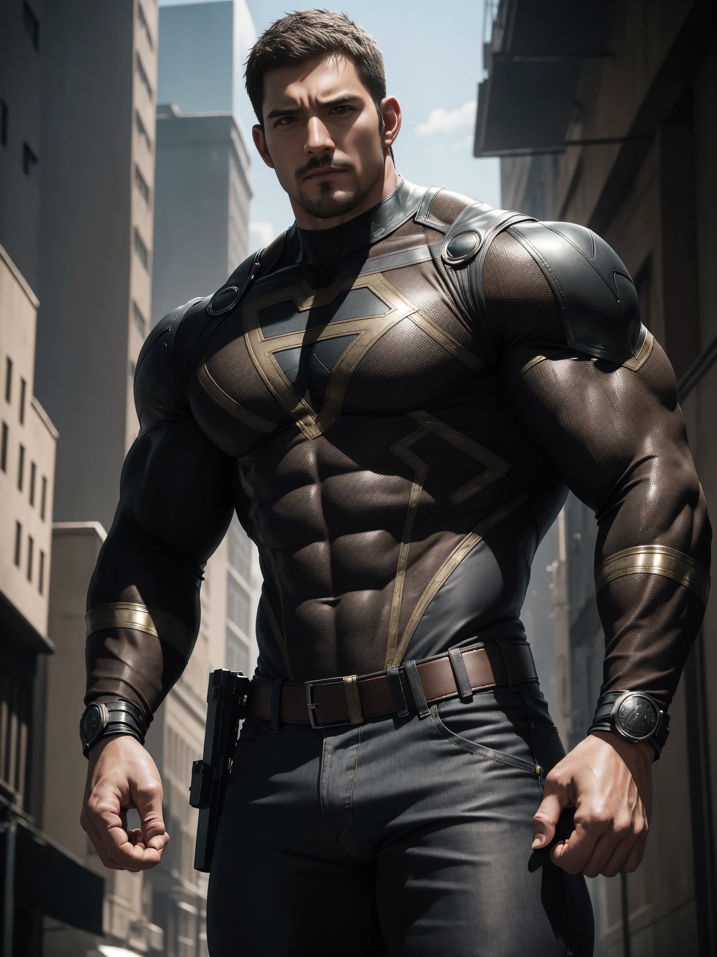Angry super muscular man, Buzz Cut,On the old-style outdoor streets, Wear a long-sleeved brown superhero Black Panther bodysuit, Brown denim fabric texture,The expression is arrogant, Lift your chin, Messy hair, Thick thighs, High Neck Long Sleeve Gray Brown Superhero Bodysuit, very tight, Regular symmetrical pattern, Highlight muscles, Police uniform pants, character concept(Resident Evil - Chris Redfield, Chris Redfield)A proud expression, Deep and charming eyes, Heroic male pose, tall Burly, muscular!muscular thighs, tough guy, perfect facial features, High, Burly, Heqiang, Super polished and cool, High Resolution Committee, Charismatic, The sun is blazing, dazzling
