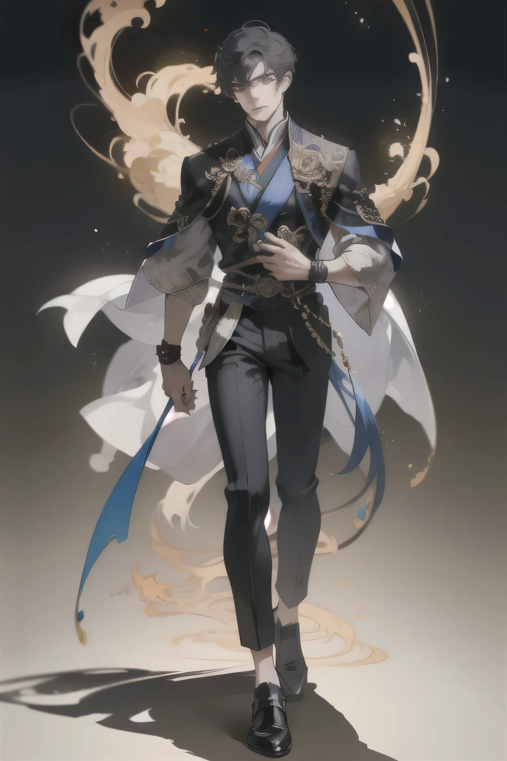 Best quality, detailed, Perfect face, young handsome male, Stand confidently, Has a charming and gorgeous demeanor, His facial expression is wild, Exudes charm, Skin, Wearing Western clothing, West, leather shoes, This outfit mainly uses a black and blue color scheme