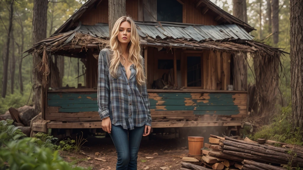 cabin in the woods, front porch, wood pile, rusty truck on cinderblocks, dense trees, dark woods, Beautiful woman, plaid long-sleeved flannel shirt, long wavy blonde hair,