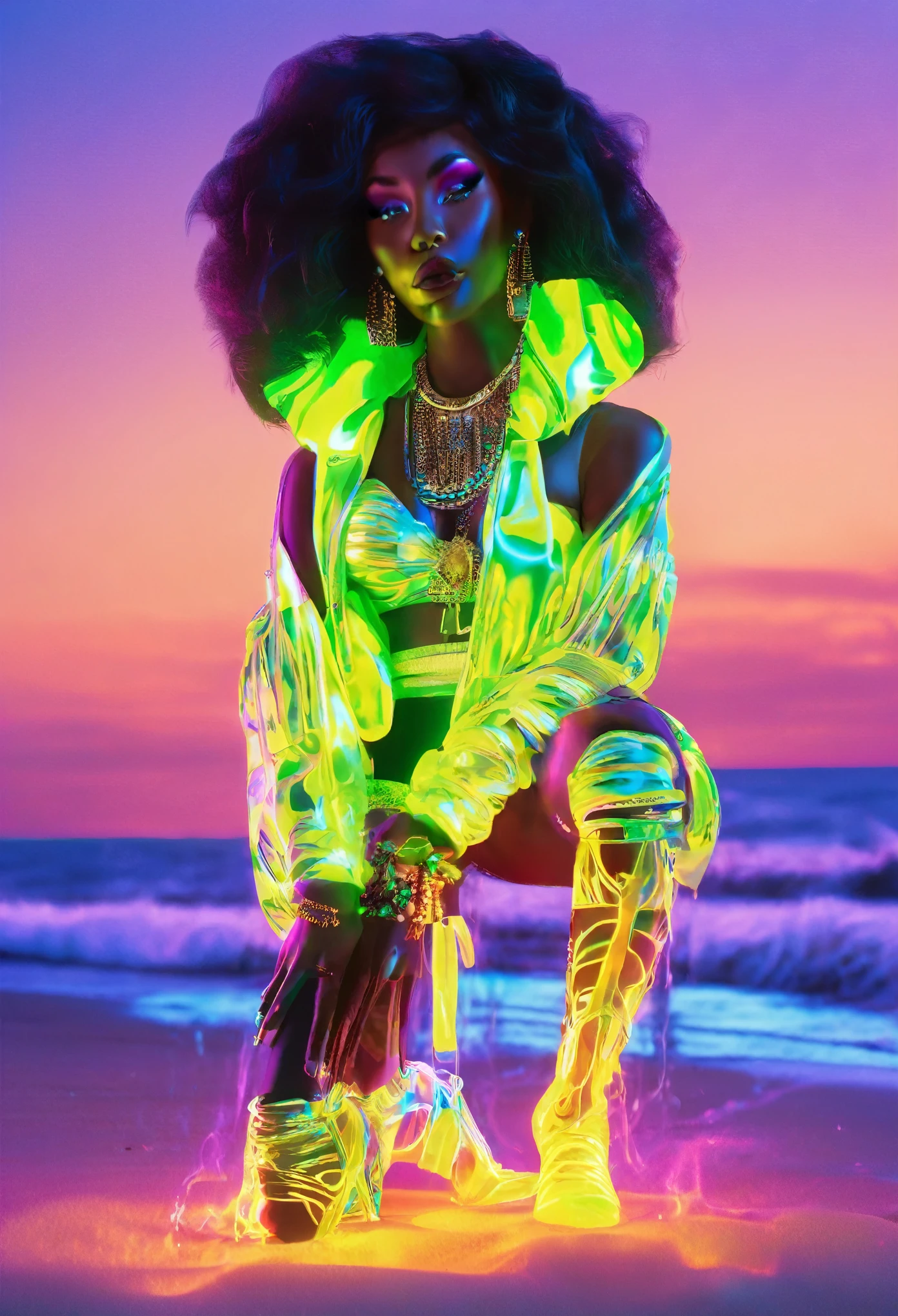 full body shot of The inner soul of a black women dreams bioluminescent, dressed in beach clothes and kneeling in the sand at the beach