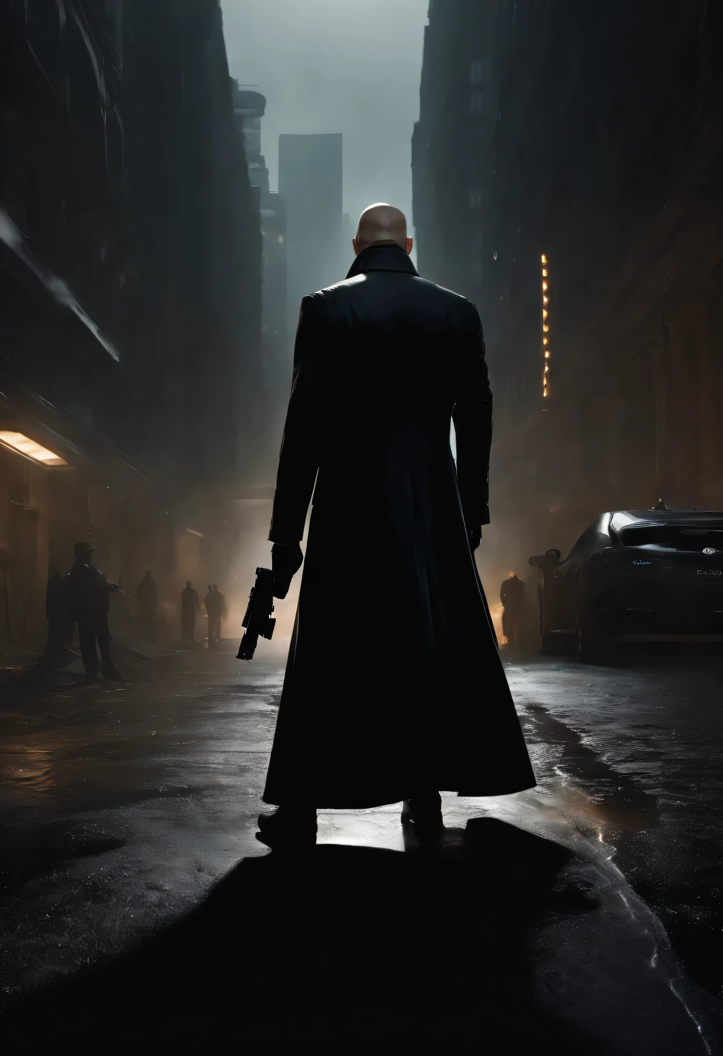 Generate a stunning representation of an AI hitman from 2077 navigating a dusty and mysterious world. Imagine o assassino vestido com uma capa com capuz, strategically hiding broken pieces to maintain an air of mystery. A capa deve estar esfarrapada e carregada de poeira, refletindo o ambiente desolado.
Detail assassin wielding a futuristic weapon with elegant, deadly accuracy. Highlight the weapon's advanced design, incorporating intricate details and illuminating elements that convey its technological sophistication. Capture o jogo de luz e sombra no rosto do assassino, revealing just enough to suggest the artificial nature of their existence.
Emphasize the dystopian atmosphere of the world, with soft colors and an eerily tranquil setting. Ilumine a cena com sutileza, mysterious lighting, casting long shadows that add to the overall feeling of suspense and danger. Make sure the assassin's stance exudes calculated, lethal readiness, alinhando-se perfeitamente com seu papel como um assassino de IA futurista neste ambiente sombrio e agourento.