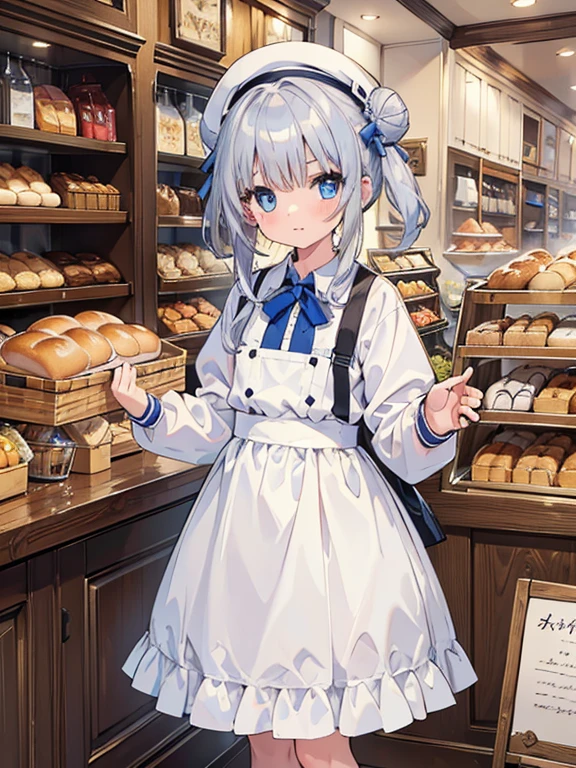masterpiece, highest quality, Very detailed, 16k, Ultra-high resolution, 12-year-old girl, Detailed face, blue eyes, Silver Hair, Bun Hair, White Hat, White workwear, France, bakery, Inside the store, There are countless breads around, Carrying bread with both hands