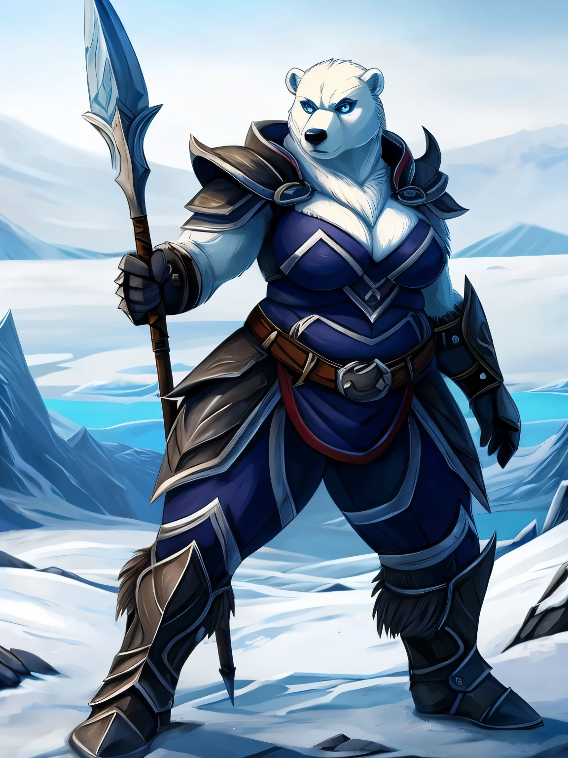 female, polar bear, fat, obese, huge hips, thick thighs, barbarian armor, blue anime eyes, arctic landscape, blizzard, stern expression, battle pose, long spear