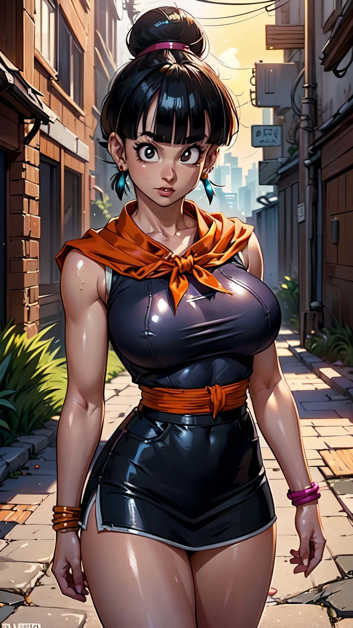 (ultra realistic,32k,RAW photo:1.1),(high detailed skin:1.1), 8k uhd, dslr, high quality, film grain, (makeup, mascara:1.1),(Videl dragon ball :1.4), lips,(thick\lips\), ,(Cyberpunk ruined dungeon ruins alley background :1.4 ), (miniskirt white :1.4), (medias blancas brillantes/pantys:1.4),(japanese white kimono :1.4), 
(shiny glossy translucent clothing:1.4 ), dragon ball, bbchichi, single hair bun, hair bun, (blunt bangs:1.4) , sidelocks, black eyes, earrings,( orange neckerchief:1.4) , orange scarf, purple dress, sleeveless, bracelet, huge breast, 
(looking at viewer, portrait:1.1),, 
 (busty:1.1) ,  (chubby:0.1),(soft shaded neon light:1.1),dark theme, A very clean and well organized contemporary place, (dynamic cowboy pose), (perfect anatomy :1.4), (Videl dragon ball V2.1), ,( ciberpunk 2.1),( mini skirt white :1.4