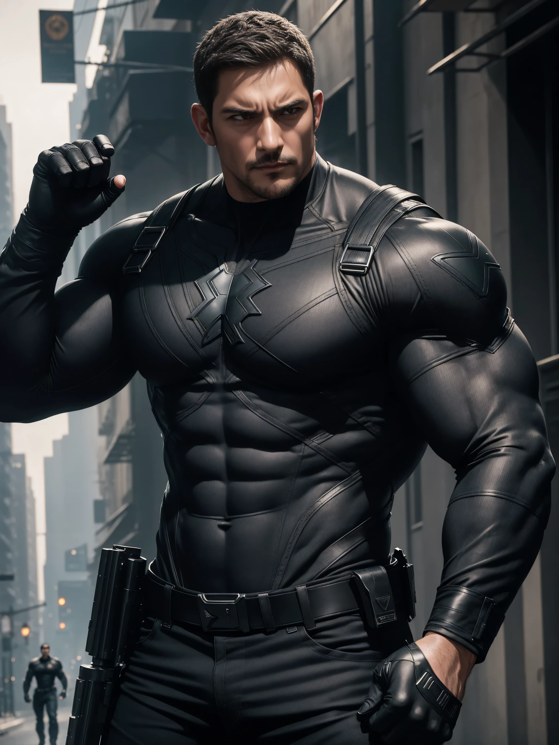 Angry super muscular man, Buzz Cut,On the old-style outdoor streets, Wear a long-sleeved dark black superhero Black Panther bodysuit, Dark black denim fabric texture,The expression is arrogant, Lift your chin, Messy hair, Thick thighs, High collar, long sleeves, jet black superhero bodysuit, very tight, Regular symmetrical pattern, Highlight muscles, Police uniform pants, character concept(Resident Evil - Chris Redfield, Chris Redfield)A proud expression, Deep and charming eyes, Heroic male pose, tall Burly, muscular!muscular thighs, tough guy, perfect facial features, High, Burly, Heqiang, Super polished and cool, High Resolution Committee, Charismatic, The sun is blazing, dazzling
