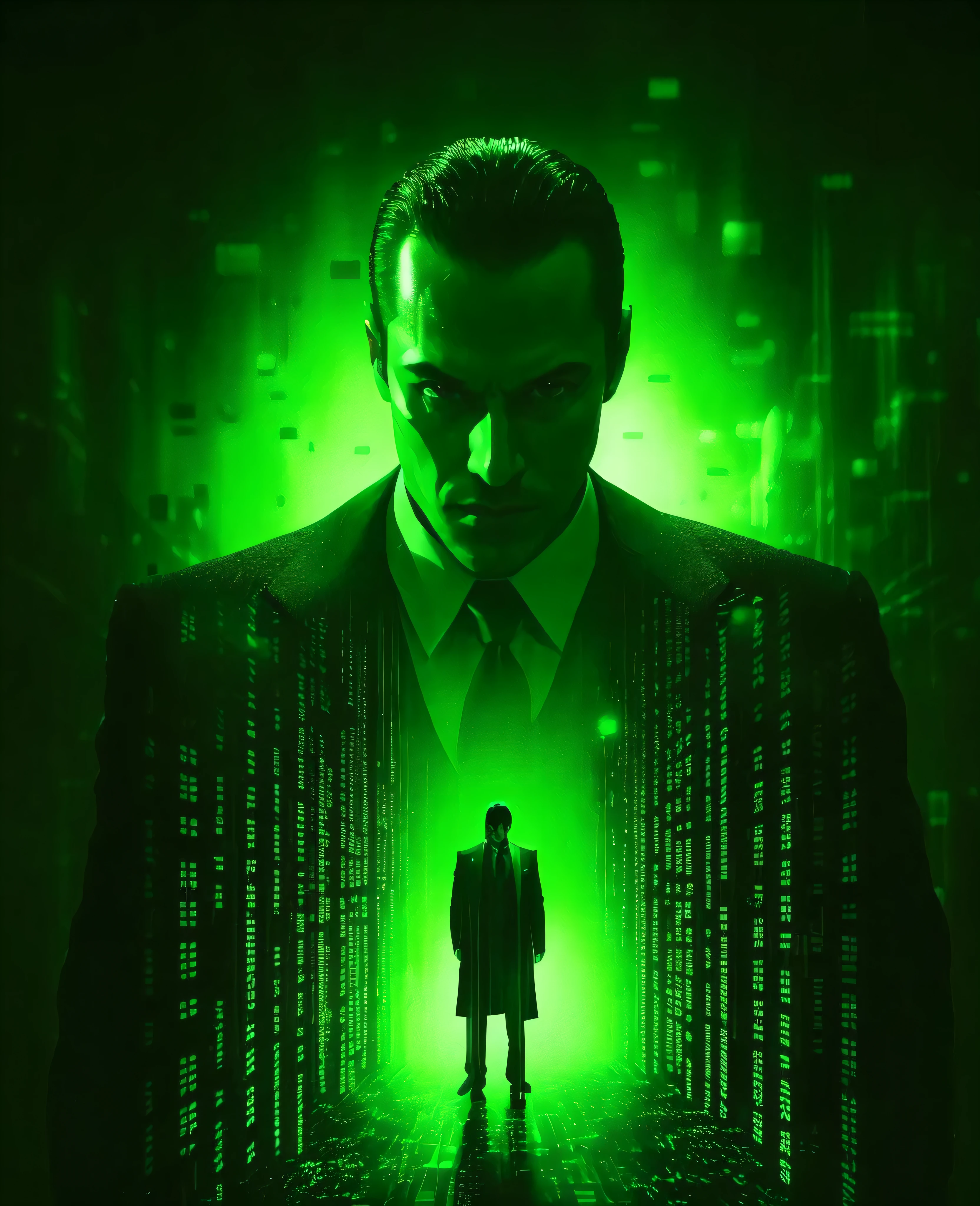 imagem arafada de um homem de terno e gravata parado em um quarto escuro com luz verde, green matriz code, matriz code, neo from matriz, matriz, matriz film pinterest color, in the new matriz movie, in matriz, neo from the matriz, matriz movie color grading, green matriz light, agents from the matriz movie, matriz style