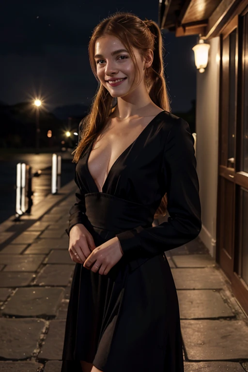 Freya Ridings with ponytail hair in night weather dressed in elegant and sensual clothes smiling