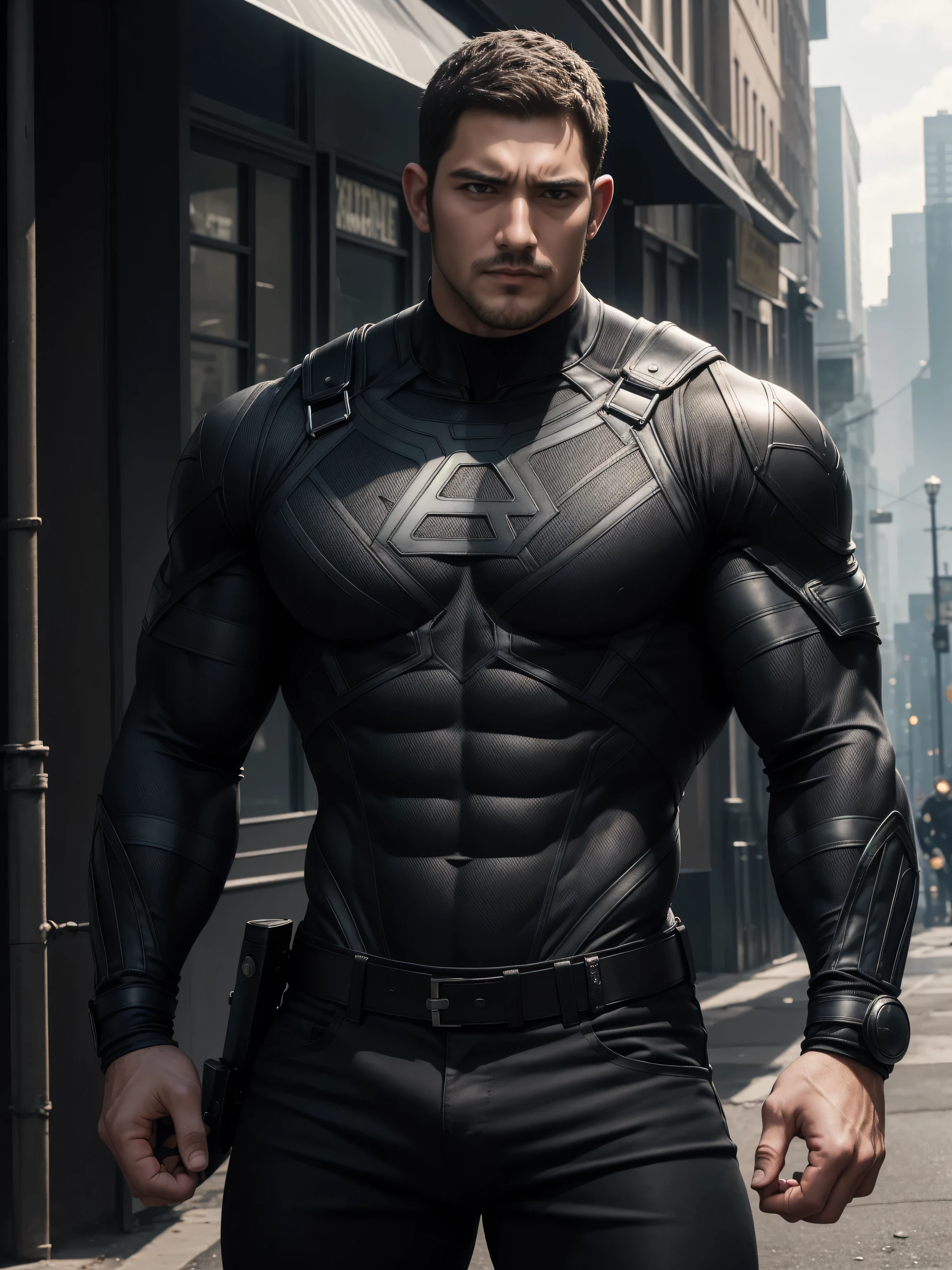 Angry super muscular man, Buzz Cut,On the old-style outdoor streets, Wear a long-sleeved dark black superhero Black Panther bodysuit, Dark black denim fabric texture,The expression is arrogant, Lift your chin, Messy hair, Thick thighs, High collar, long sleeves, jet black superhero bodysuit, very tight, Regular symmetrical pattern, Highlight muscles, Police uniform pants, character concept(Resident Evil - Chris Redfield, Chris Redfield)A proud expression, Deep and charming eyes, Heroic male pose, tall Burly, muscular!muscular thighs, tough guy, perfect facial features, High, Burly, Heqiang, Super polished and cool, High Resolution Committee, Charismatic, The sun is blazing, dazzling