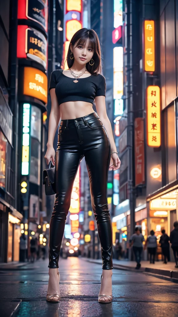 1girl, realistic, solo, (8k, best quality, masterpiece:1.2), best quality, 20years old, pretty women, cute, high detail RAW color photo, professional photograph, highly detailed background, cute girl, shiny skin, slender body, dark blown hair, smile, beautifully detailed eyes, famous Japanese idol, kawaii, necklace, earrings, full body, neon city, night city, neon sign, dynamic lighting, beautiful legs, looking at viewer, Raking up hair, skiny pants, shirts, model pose,