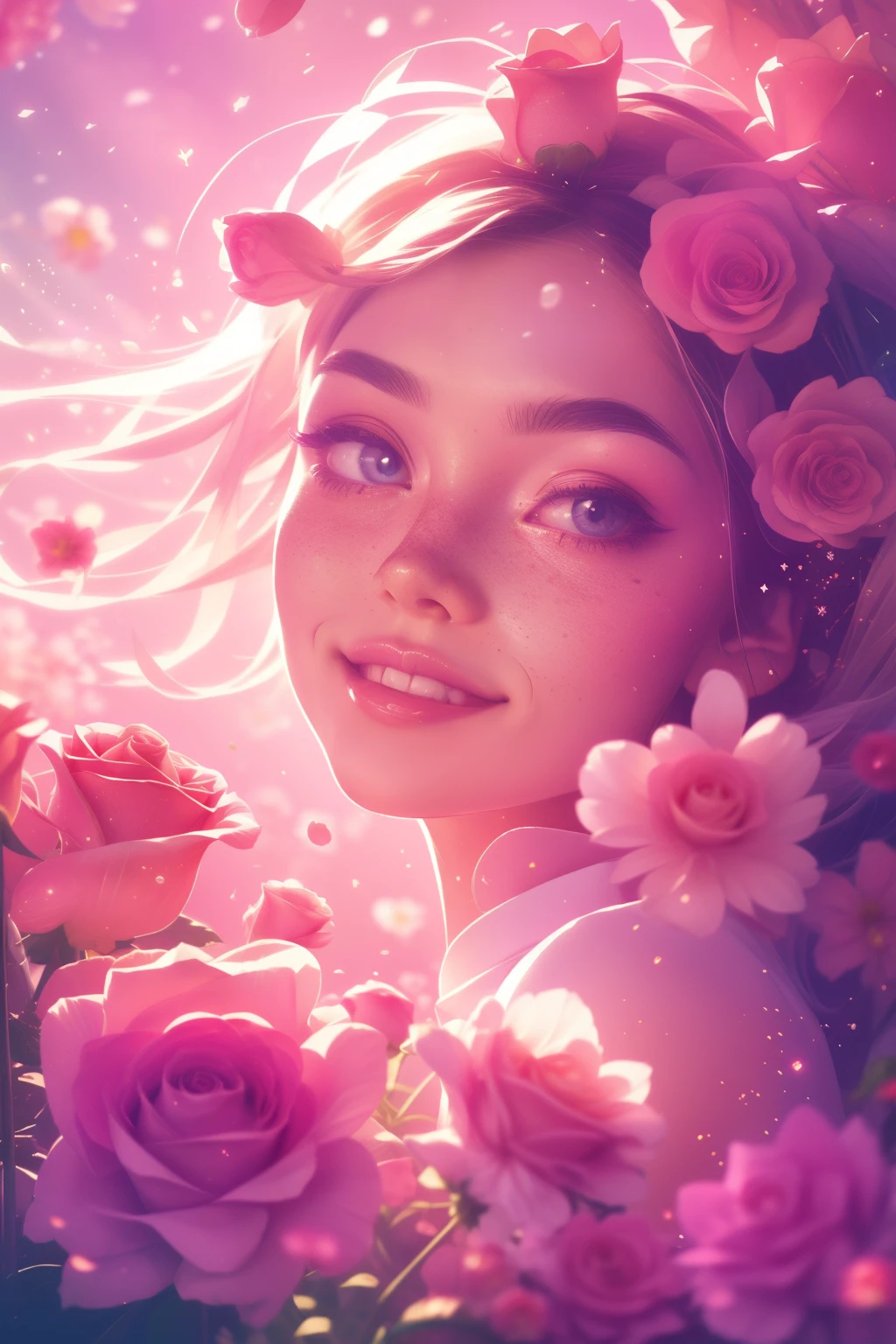 (This is a beautiful, intricate, (romatic) fantasy image that emphasizes beauty and grace.) Generate a blind curvy woman with soft natural freckles. Her face is important and should be (perfectly formed) with (beautiful puffy lips) and (perfect features). There is a cute freckle birthmark on her lip. The image exudes ethereal beauty and soft fantasy, with shimmering shades of pink throughout. Surround her with eternal roses in shimmering shades. Ensure perfection in her face, hair, and eyes. Include sweet and detailed birds and soft, luminous flowers and detailed roses. Utilize dynamic composition and dramatic lighting and cinematic lighting to create an interesting fantasy image. The background of the image is interesting and ultra-detailed, with soft fantasy lighting and gradients. Include fantasy details, cute aura, colorful, colourful, and interesting magical background. The image's background is decorated in shades of pink, shimmer, glitter, and fantasy details like colored bubbles and cosmos. Include subtle freckles, natural freckles and a diffused realistic skin tone. Incorporate elements of high fantasy, whimsy, and detailed elegance. English rose, princess, courtesan, noblewoman, sweet, lovely, calm, lovely, shimmering, glimmering, glittering, astrological fantasy, (((masterpiece))), (highest quality), magic rose, fantasy garden, beautiful face, perfect face, puffy lips, interesting, shy smile, fantasy elements, magic rose, beautiful eyes, perfect puffy lips, jewel tones, luminosity. Taken with a canon camera.