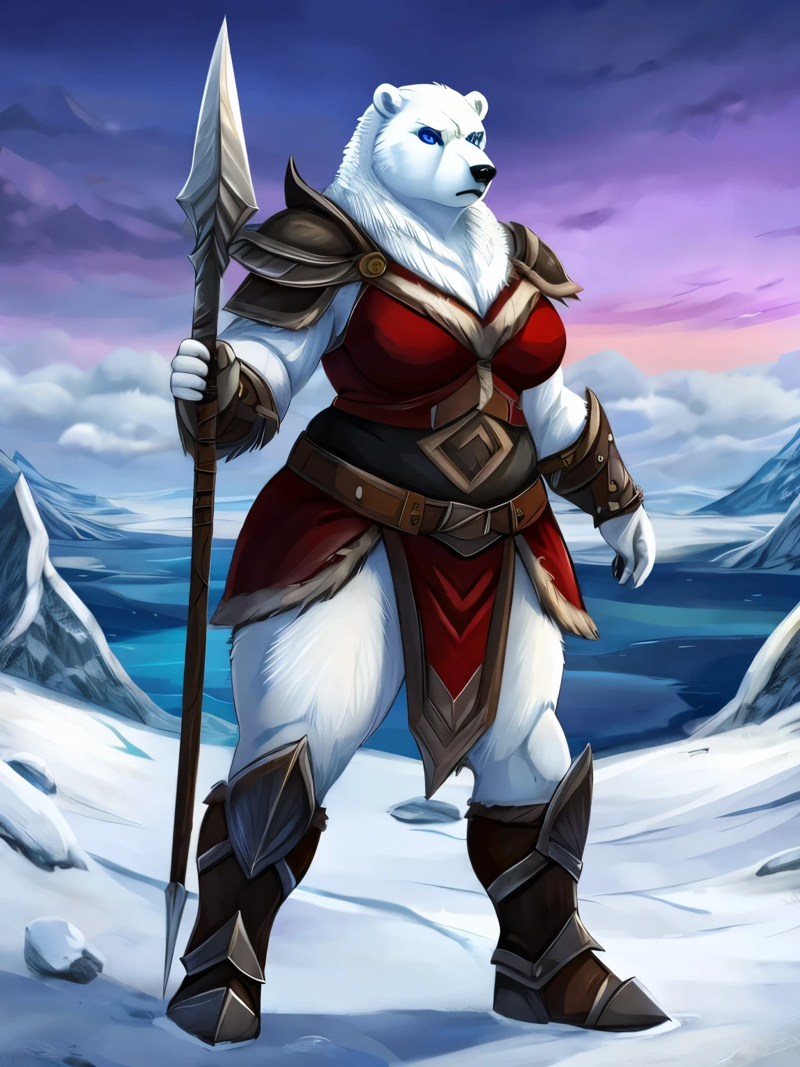 female, polar bear, fat, obese, huge hips, thick thighs, barbarian armor, blue anime eyes, arctic landscape, blizzard, stern expression, battle pose, long spear