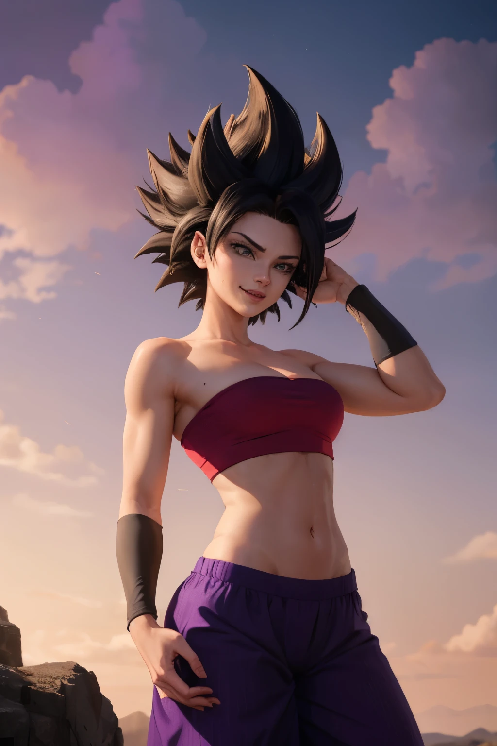 masterpiece, best quality, ssjcaulifla, white hair, water eyes, tube top, (purple pants with yellow stripe:1.2), armbands, cowboy shot, looking at the sky , smile, furrowed eyebrow, making OK with hand, red sky, black clouds