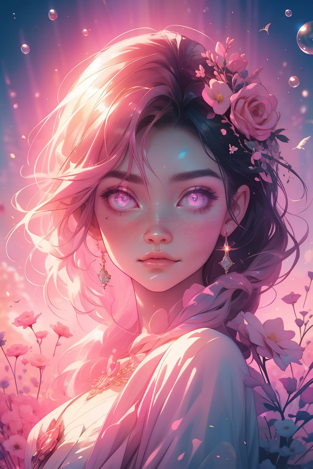 (This is a beautiful, intricate, (romatic) fantasy image that emphasizes beauty and grace.) Generate a blind curvy woman with soft natural freckles. Her face is important and should be (perfectly formed) with (beautiful puffy lips) and (perfect features). There is a cute freckle birthmark on her lip. The image exudes ethereal beauty and soft fantasy, with shimmering shades of pink throughout. Surround her with eternal roses in shimmering shades. Ensure perfection in her face, hair, and eyes. Include sweet and detailed birds and soft, luminous flowers and detailed roses. Utilize dynamic composition and dramatic lighting and cinematic lighting to create an interesting fantasy image. The background of the image is interesting and ultra-detailed, with soft fantasy lighting and gradients. Include fantasy details, cute aura, colorful, colourful, and interesting magical background. The image's background is decorated in shades of pink, shimmer, glitter, and fantasy details like colored bubbles and cosmos. Include subtle freckles, natural freckles and a diffused realistic skin tone. Incorporate elements of high fantasy, whimsy, and detailed elegance. English rose, princess, courtesan, noblewoman, sweet, lovely, calm, lovely, shimmering, glimmering, glittering, astrological fantasy, (((masterpiece))), (highest quality), magic rose, fantasy garden, beautiful face, perfect face, puffy lips, interesting, shy smile, fantasy elements, magic rose, beautiful eyes, perfect puffy lips, jewel tones, luminosity. Taken with a canon camera.