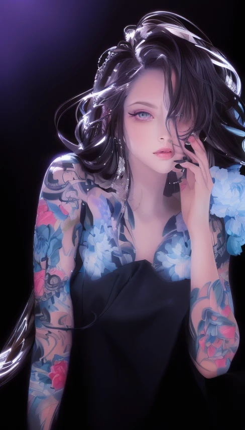 A woman with tattoos on her arms and forearms is posing, Exquisite digital illustrations, beautiful Amazing digital art, Beautiful and attractive anime woman, Beautiful artwork illustration, アニメ女性のFull Body Art, Anime characters; Full Body Art, Beautiful Anime Woman, Beautiful digital art, Amazing digital art, flowers in her dark hair, Tattoo styles, Beautiful drawing style, Beautiful anime style