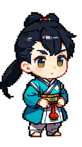 Man in ancient Chinese costume、intelligent man、Looking into the camera、There is a topknot on the head、Long sleeve、Hanfu、Black Hair、Standing and posing with arms crossed、part your bangs in the middle、Pixel art、(masterpiece, highest quality, highest quality), pixel,pixel art,whole body,Romance of the Three Kingdoms characters、Long-hemmed clothing