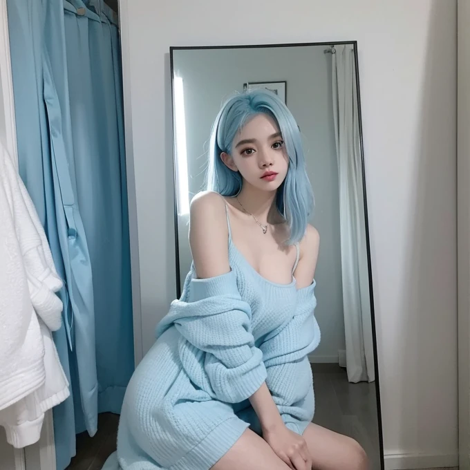 1 girl, have light blue hair, doing mirror selfie, and wearing sexy cloth, looks like a girlfriend, using iphone 15