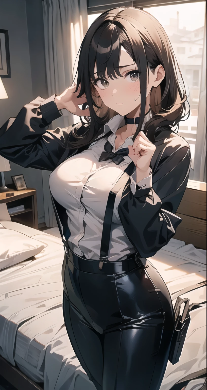 Brown Hair、Staring at the audience　　　Black suspenders　　　bulging big breasts　　 　 　　　wall: 　Black pantsuit　　　　　　sight　　　Small face　 　　　holster　　　Beautiful woman　　Show your hand　　 　sight 　　Taunt　side　sideSweat 　arm　Dress shirt　Black Suit　ベルト wall際　Put your hands up　Both hands above head　脇Sweat　On the bed　Sweat　summer　mask