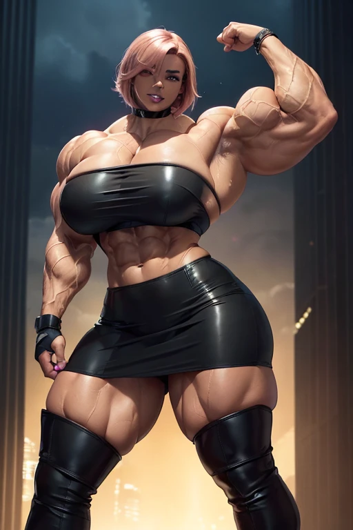 ((((Massive, beautiful, buff, light brown skinned, muscular woman with shocking pink hair, black lipstick, ginormous bulky muscles and wearing a cropped strapless black leather top and black leather pencil skirt)))), (close view), leather pants, massive muscles, massive biceps, hyper muscle triceps, (angled bob cut), leather pencil skirt, red eyes, wristband, chained belts, high heels boots, top of a dark skyscraper, night, smug smirk, hyper muscles arms, hyper muscle legs, massive arms.