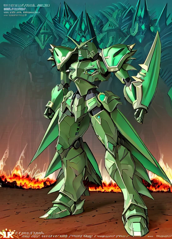 masterpiece, highest quality, Mecha, No humans, (Full body spikes), (green armor Mecha:1.5), (axial symmetry:1.4),(High resolution), (Cinematic Light:1.1), blue eyes, SF, fire, Laser cannon beam, war, Conflict,, Has very large spikes,Agave farm in the background