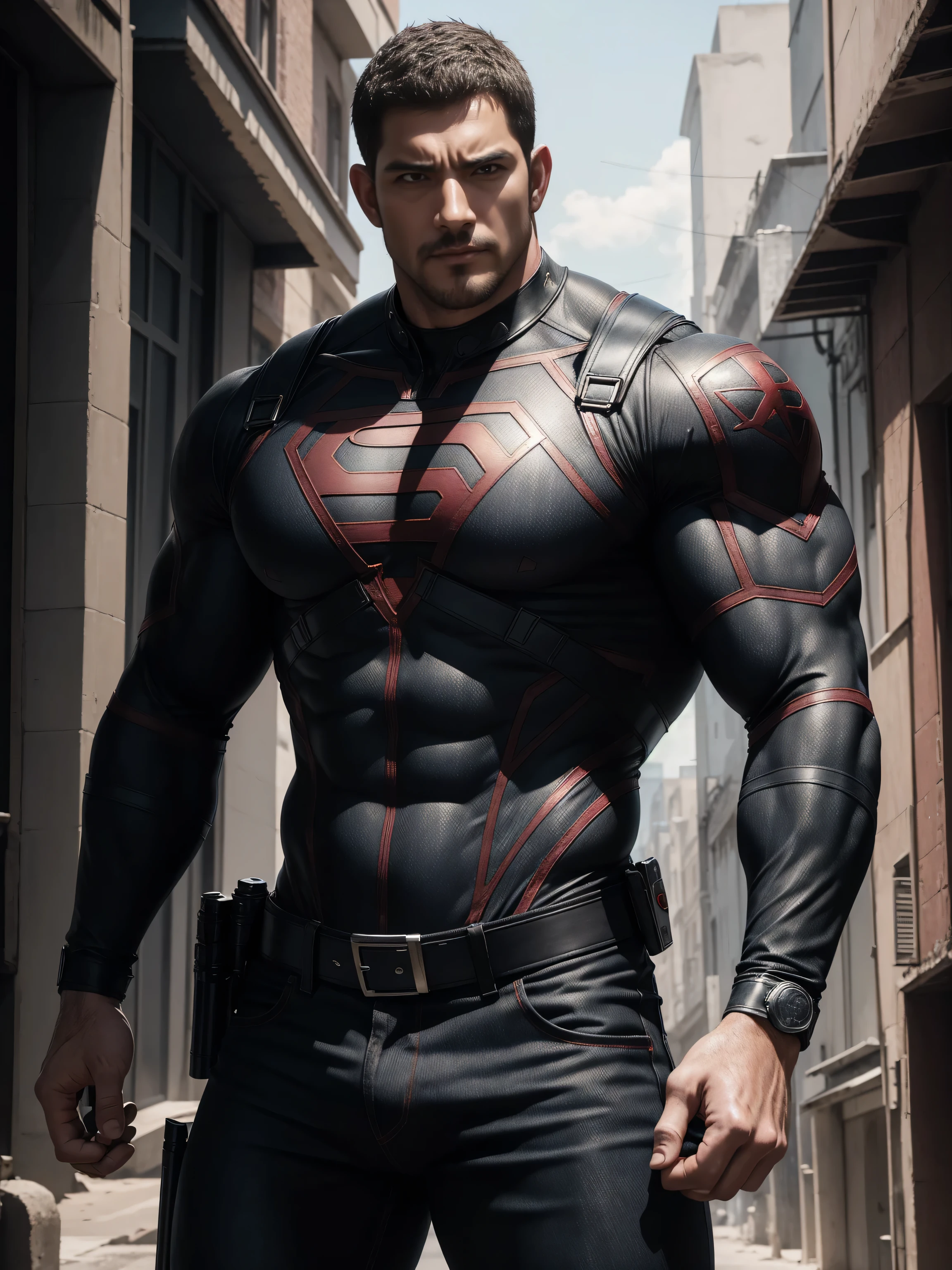 Angry super muscular man, Buzz Cut,On the old-style outdoor street under the hot sun, Wearing long-sleeved dark red superhero Black Panther bodysuit, Dark red denim fabric texture,The expression is arrogant, Thick thighs, Messy hair, Thick thighs, High collar, long sleeves, dark red superhero bodysuit, very tight, Regular symmetrical pattern, Highlight muscles, Police uniform pants, character concept(Resident Evil - Chris Redfield, Chris Redfield)A proud expression, Deep and charming eyes, Heroic male pose, tall Burly, muscular!muscular thighs, tough guy, perfect facial features, High, Burly, Heqiang, Super polished and cool, High Resolution Committee, Charismatic, The sun is blazing, dazzling