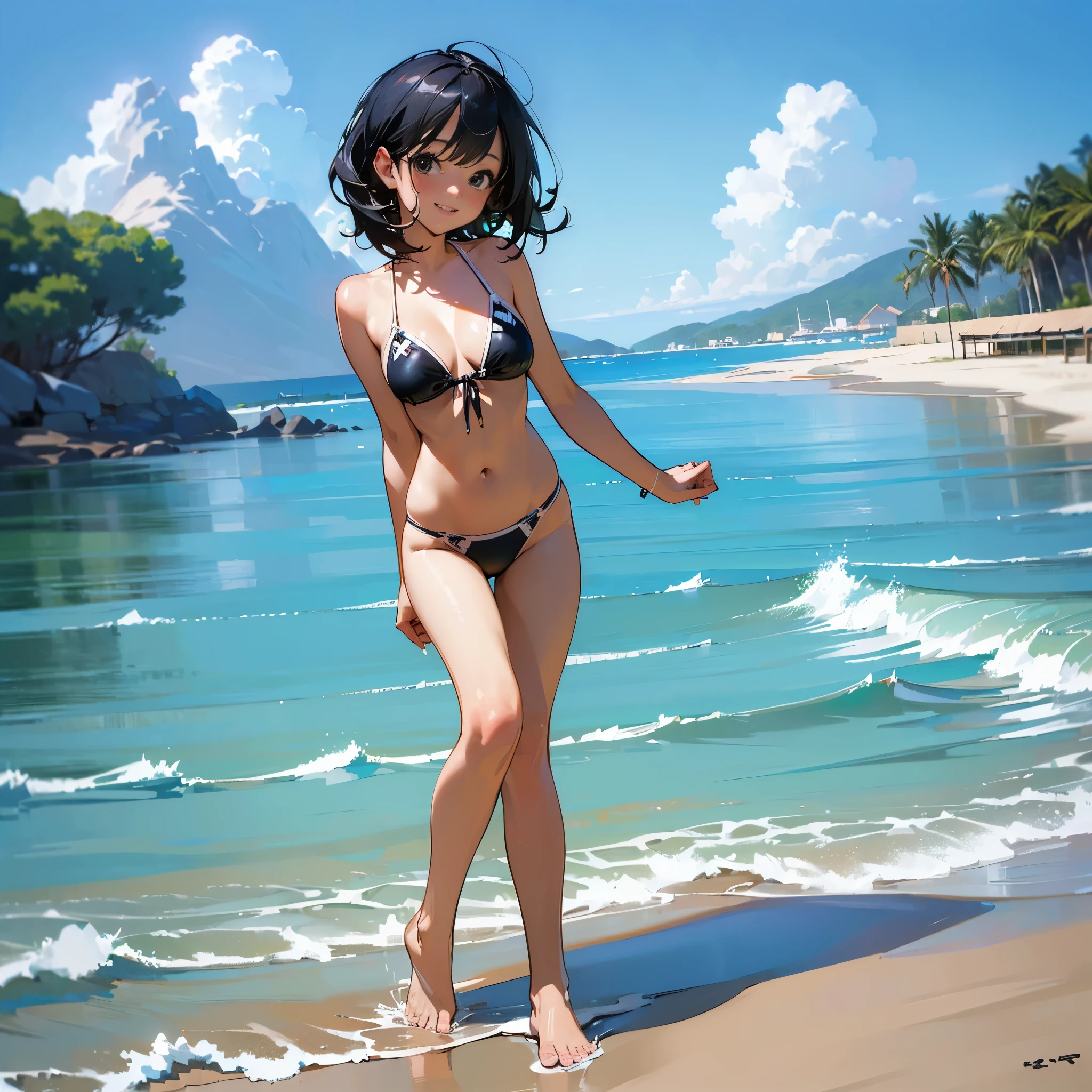 ((highest quality, masterpiece, High resolution)), ((reality)),Photos of beautiful Japanese women,((anime art))、 (((1 girl))), normal size breasts, slim body shape, medium short hair, double eyelid, Wet see-through micro bikini, A pareo with bold ethnic patterns and plenty of primary colors、realistic skin、Wet,whole body,cinematic light、tropical、Against the background of palm trees on both sides、on a sunny beach、With the sea in the background、blur background、smile