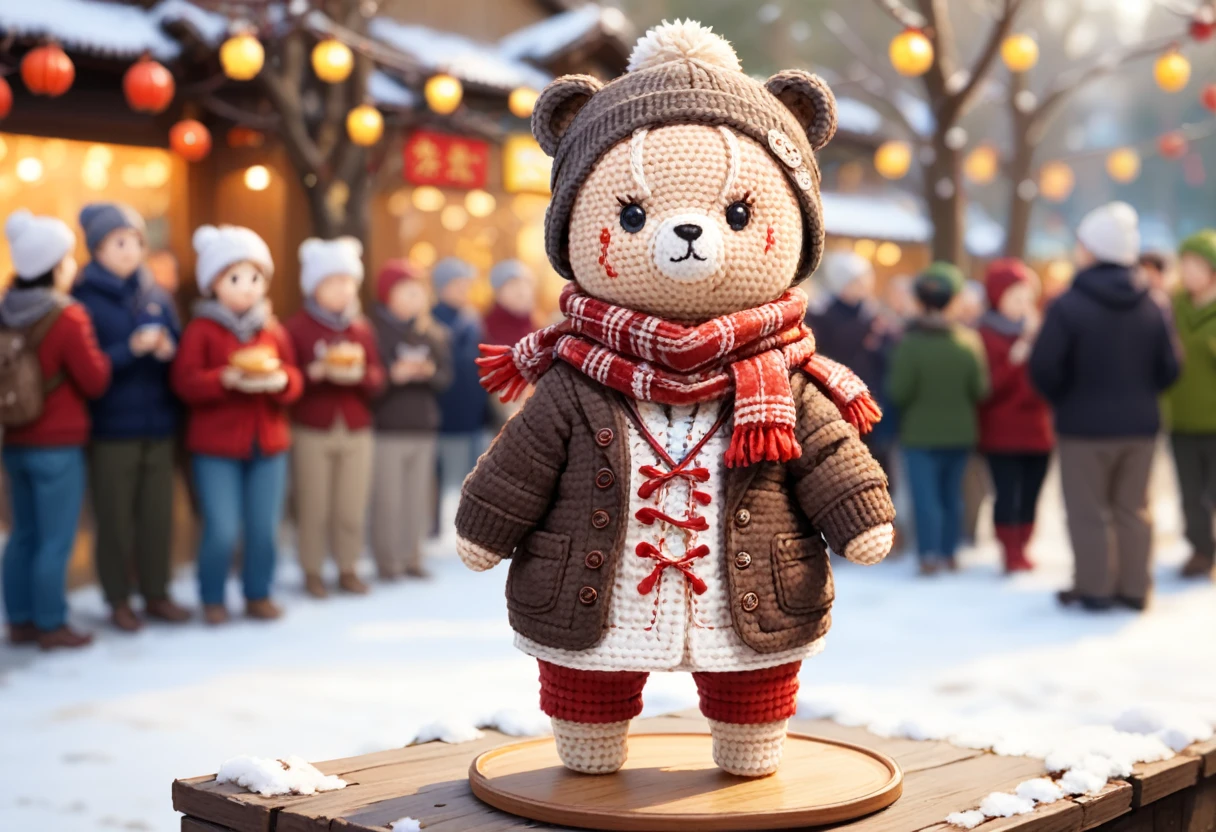 BJ_embroidery_doll, 一人in, Looking_in_Audience, hin, Are standing, full_body, food, scarf, Blurred, black_eye, no_human, depth_of_Field, Blurred_background, animal, Beanie, animal_concentrated, Bear,
highest quality,masterpiece,