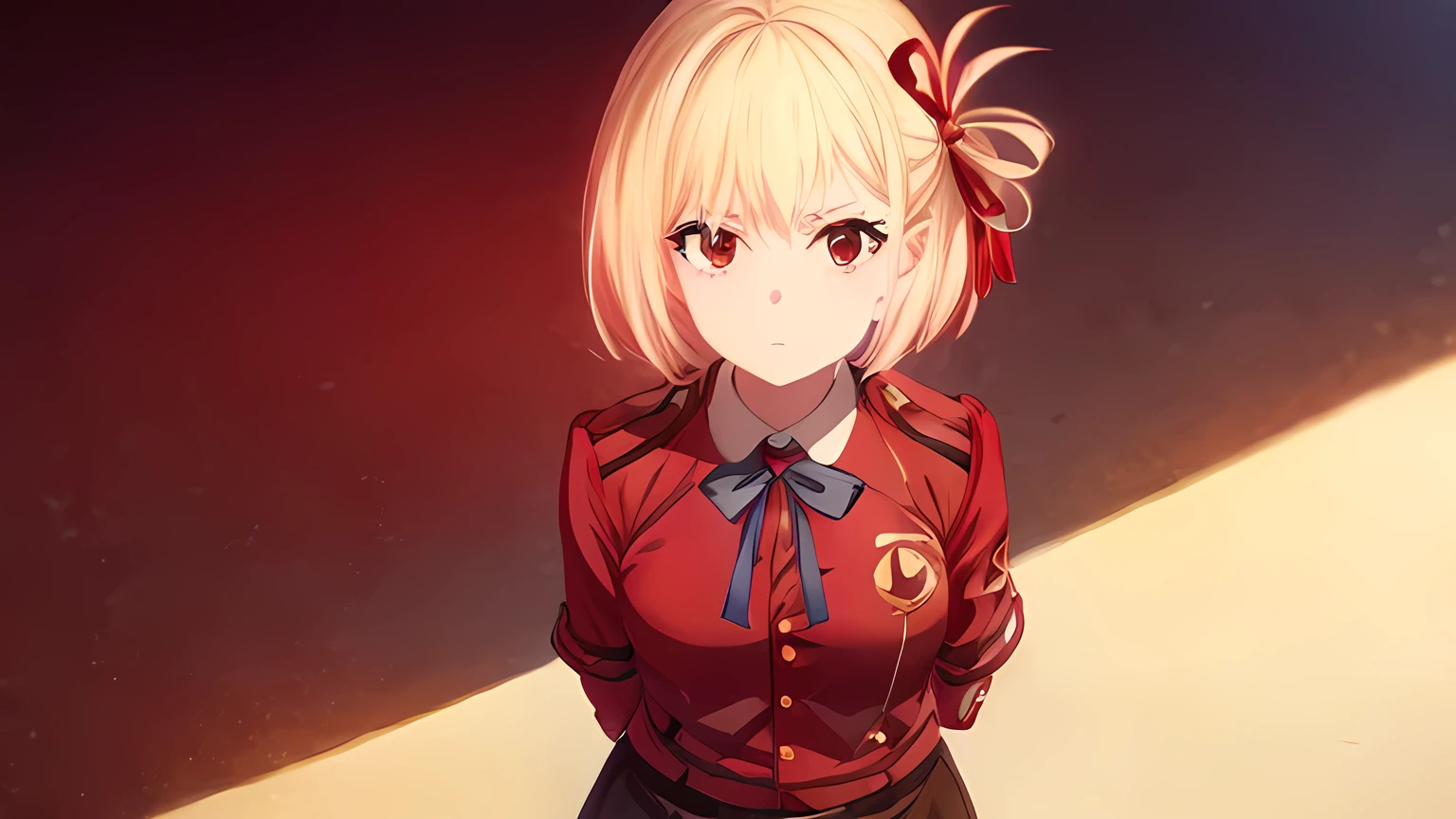 Blonde Short Bob Red ribbon Licorice uniform Red Eye