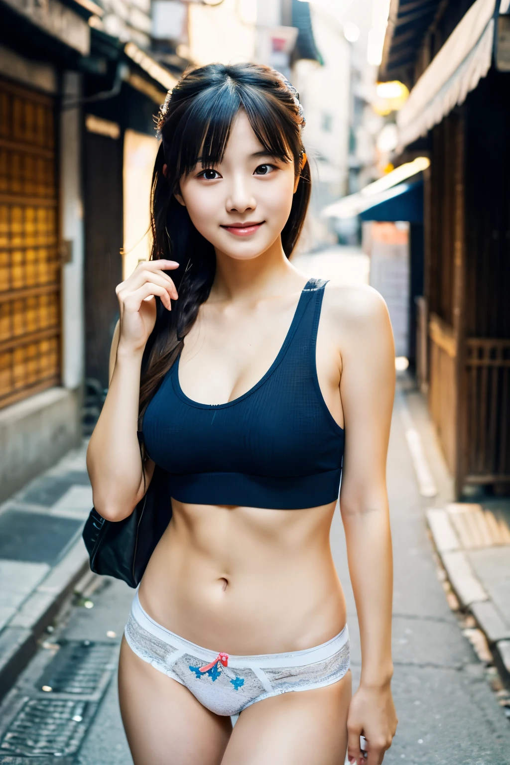 アイドルのようにvery cute、Cute and adorable、Young Faceに見える20歳の少女, Young Face、very cute、Smiling Kindly、In underwear、Walking the narrow backstreets of the city、Full body portrait、Whole body、Accurate、Anatomically correct、Textured skin、Super detailed、 Attention to detail、highest quality、High resolution、Genuine、realism、RAW Photos、Genuine、masterpiece