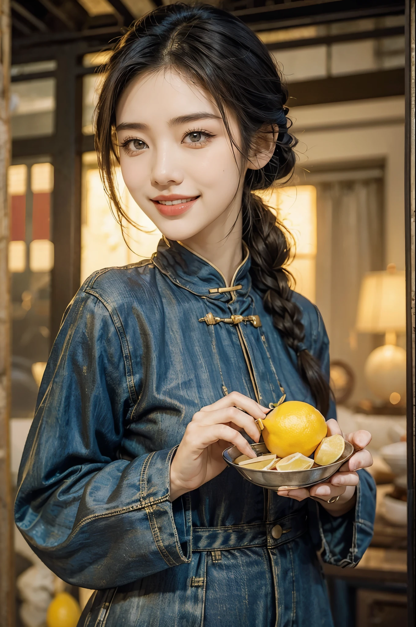 A Chinese milf, one shot, 30s woman, Slender figure, Realistic teeth, double eyelids, full-length, smile, Lemon Eating Challenge
