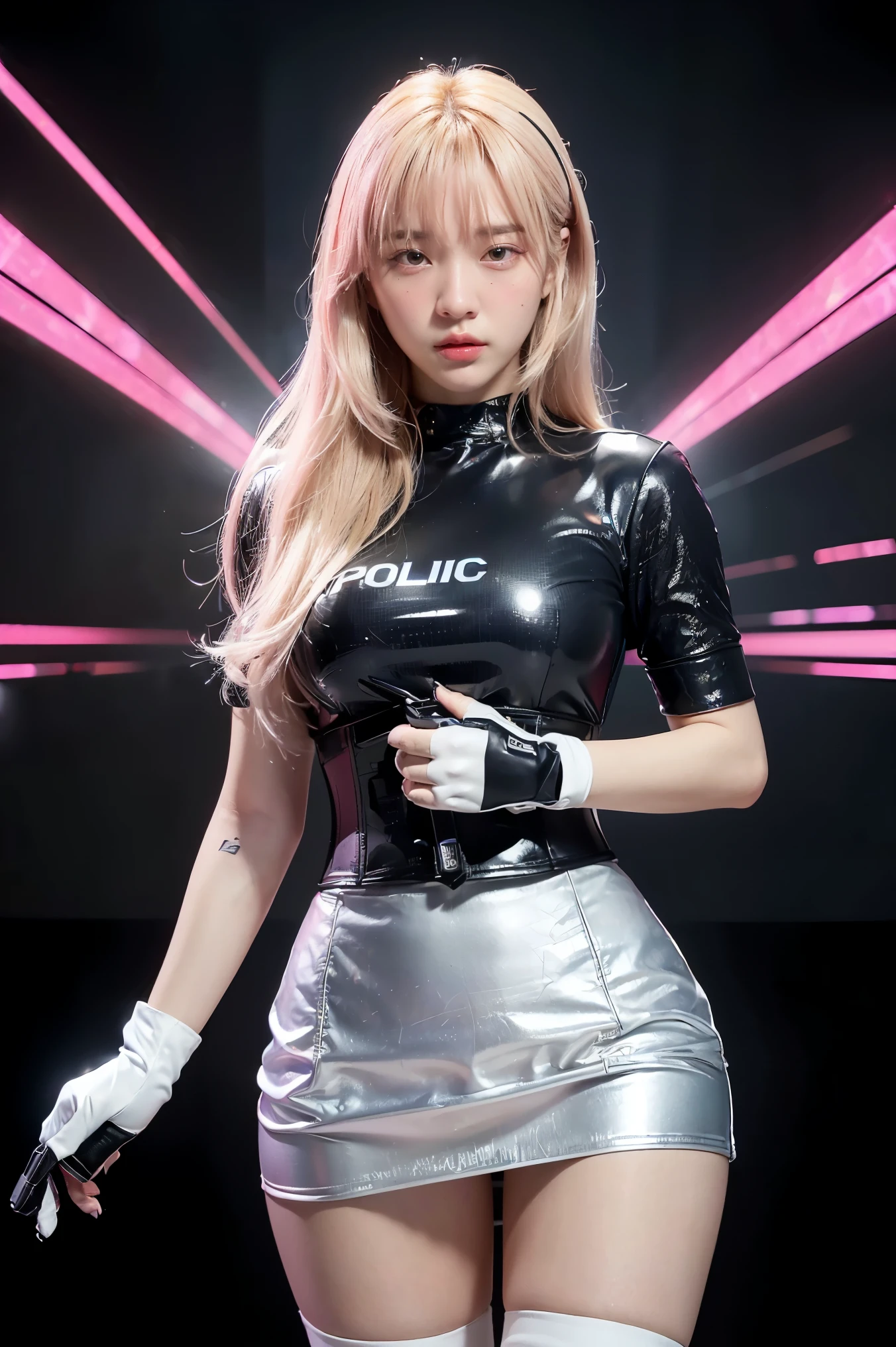 1 girl, (Highest quality, ultra high definition, realistic: 1.4), (cowboy shoot:1), 1 beautiful girl, (kpop idols), detailed face, (hair style gradient: Blonde:0.6 silver:0.4, Full Bang, short hair style:1), opposite, perfect anatomy, smooth skin, professional lighting, ((Wear a futuristic police racing suit., low short skirt, Police coat of arms, Hi-tech pink headset, military gun corset, Racing gloves, Hold the pistol with both hands.)), (The colors of the fabric are based on pink, silver, red, black.), (background, background),