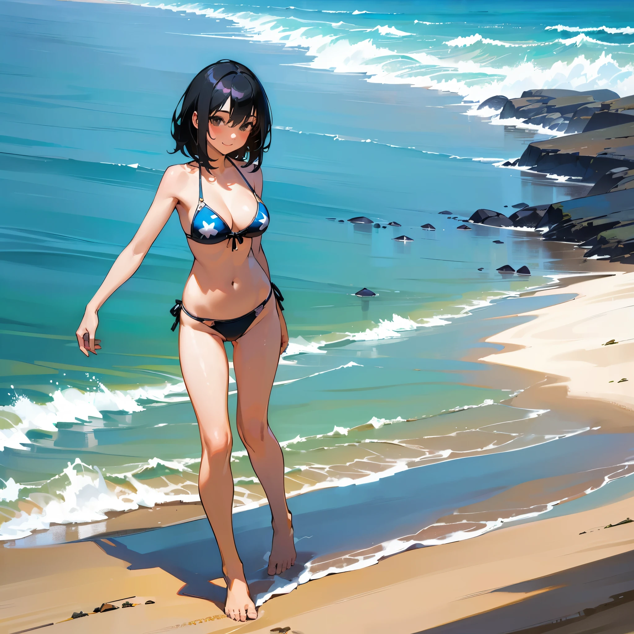(high quality, High resolution, Very detailed, reality:1.37), Peaceful atmosphere, (Sandy Beach), age girl standing alone, (my breasts are big.), Beautiful details, Cute Smile, (Black bob hair), Bikini Swimwear, barefoot.