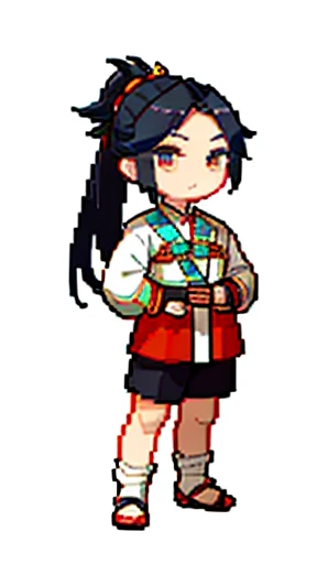 Man in ancient Chinese costume、intelligent man、Looking into the camera、There is a topknot on the head、Long sleeve、Hanfu、Black Hair、Standing and posing with arms crossed、part your bangs in the middle、Pixel art、(masterpiece, highest quality, highest quality), pixel,pixel art,whole body,Romance of the Three Kingdoms characters、The hem covered my legs.