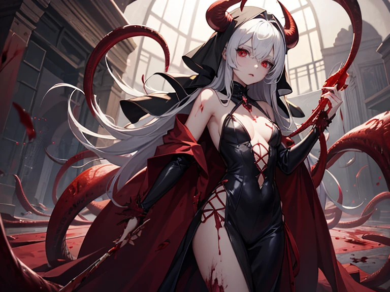 Eerily bloody tentacles are writhing. All of them are unpleasantly thick and long. A skinny evil monster girl with Shiny red eyes and Long white hair. She has Tiny breasts, Flat bust, Bleeding wounds, Flooring blood from eyes. She is dressed with Demonic costume and Glowing robe. She is starved.